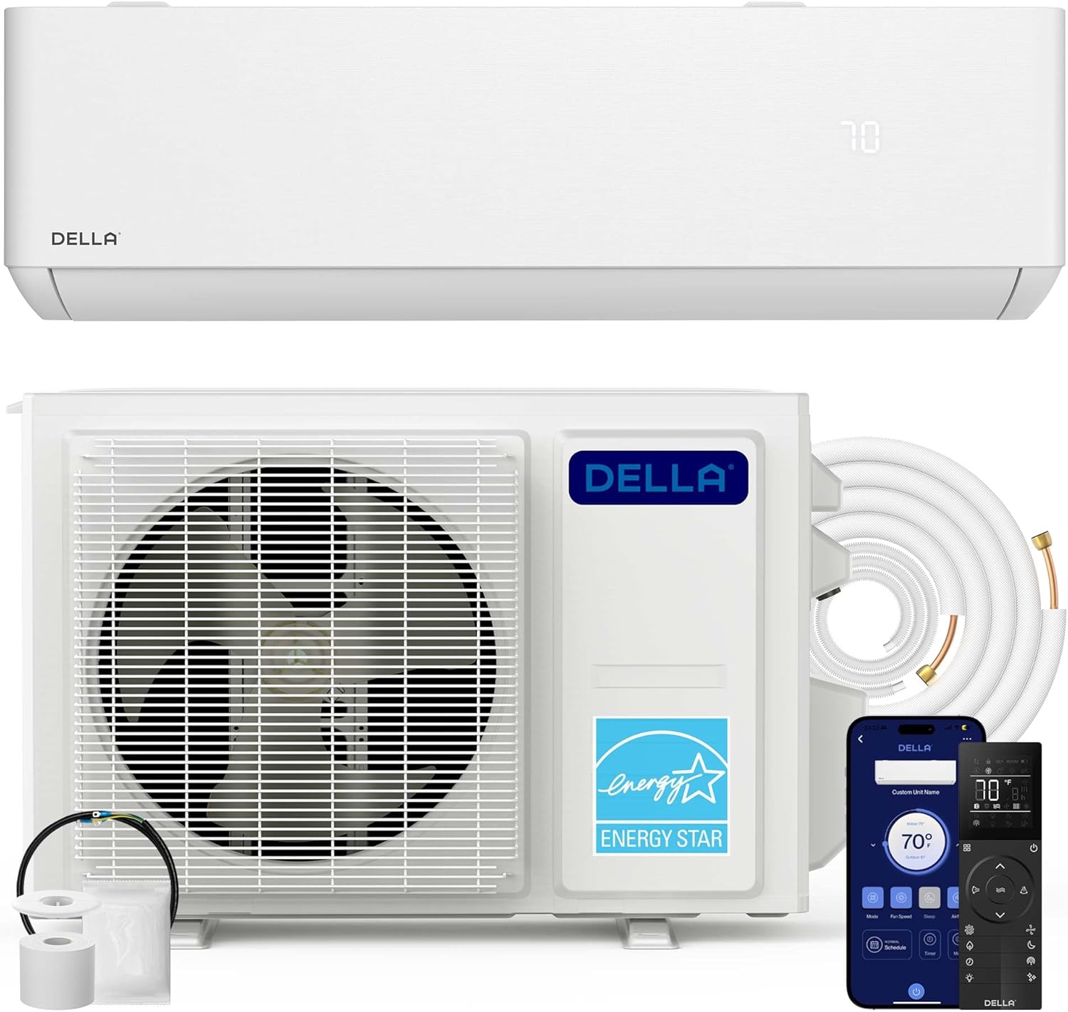 DELLA Hyper Heat Lower as -13°F 23,000 BTU Mini Split,Work with Alexa and WiFi,Energy Star 230V 23 SEER2,Cools Up to 1,500 Sq. Ft,Inverter AC with 1.9 Ton Pre-Charged Heat Pump & 16.4ft Kits