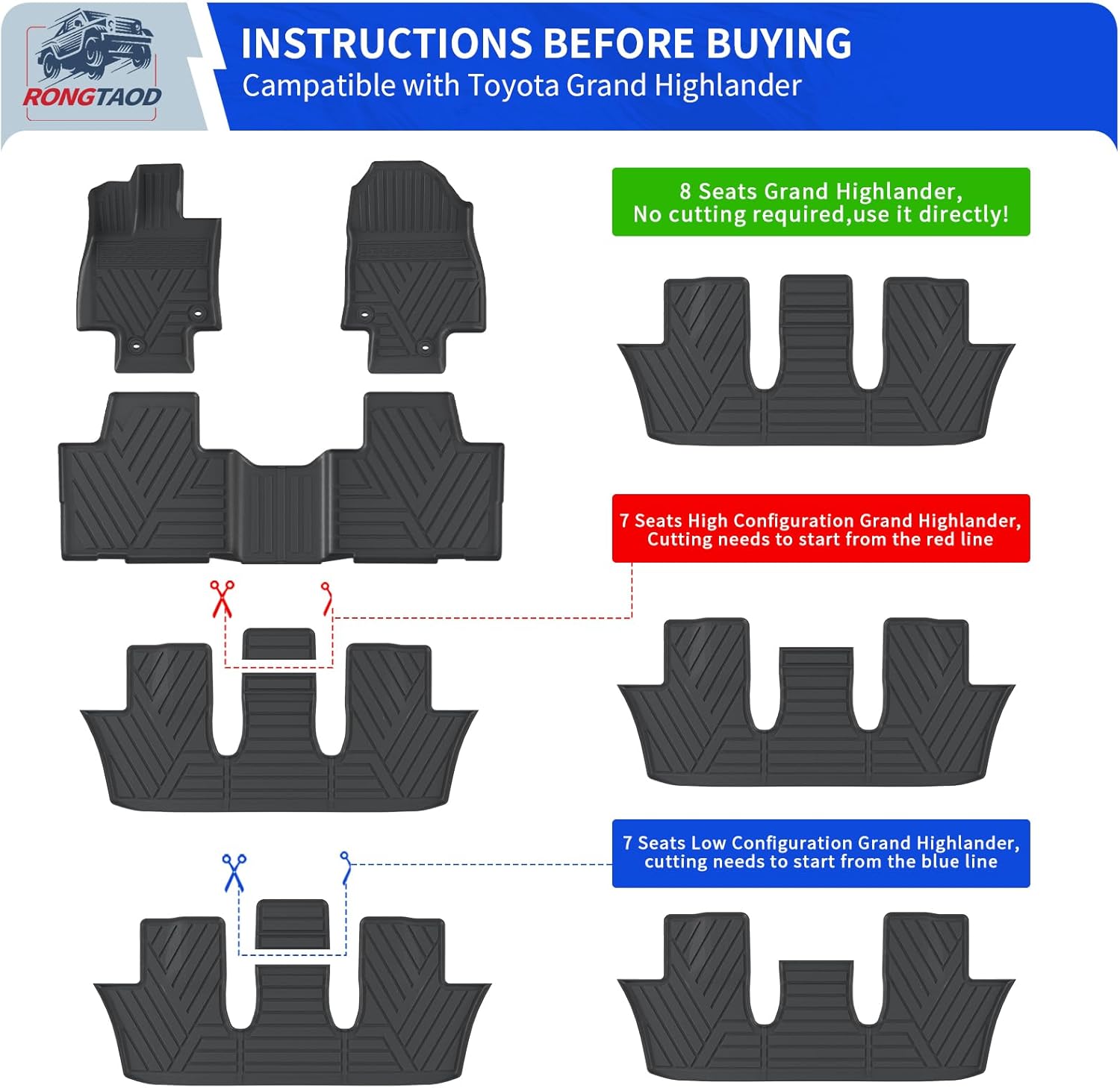 Rongtaod Floor Mats Compatible with 2024 2025 2026 Toyota Grand Highlander Cargo Mat Cargo Liner Trunk Mat Back Seat Protector Grand Highlander Accessories (Trunk Mat with Backrest Mat+Floor Mats)