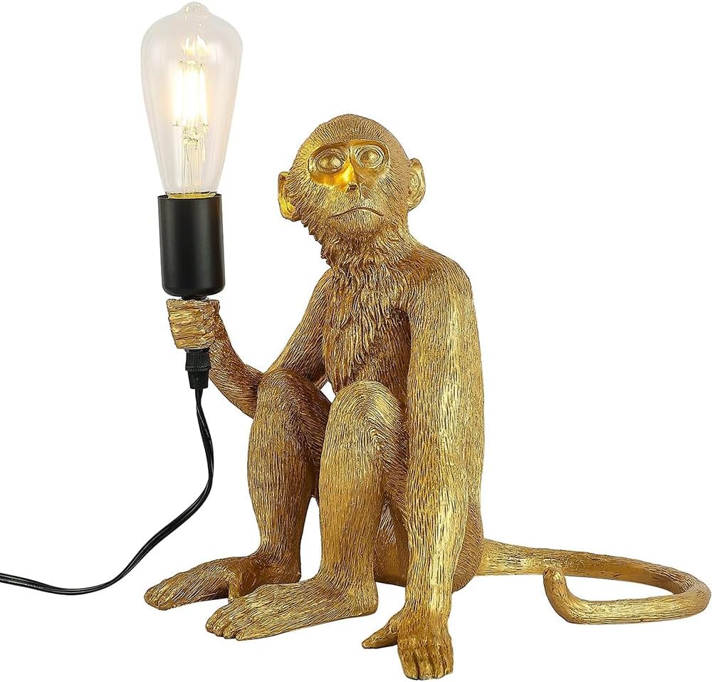 Vintage Monkey Table Lamp, 13.3 x 12.5 Inch Retro Resin Monkey Tabletop Light E26 Desk Lamp for Dining Living Room Bedroom Bar Cafe (Gold - Table Lamp)