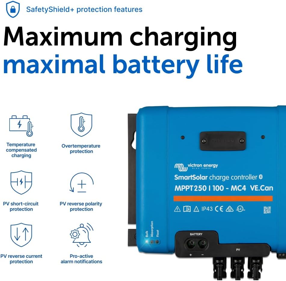 Victron Energy SmartSolar MPPT MC4 Compatible VE.Can Solar Charge Controller (Bluetooth) - 250V, 100 amp, 12/24/36/48-Volt