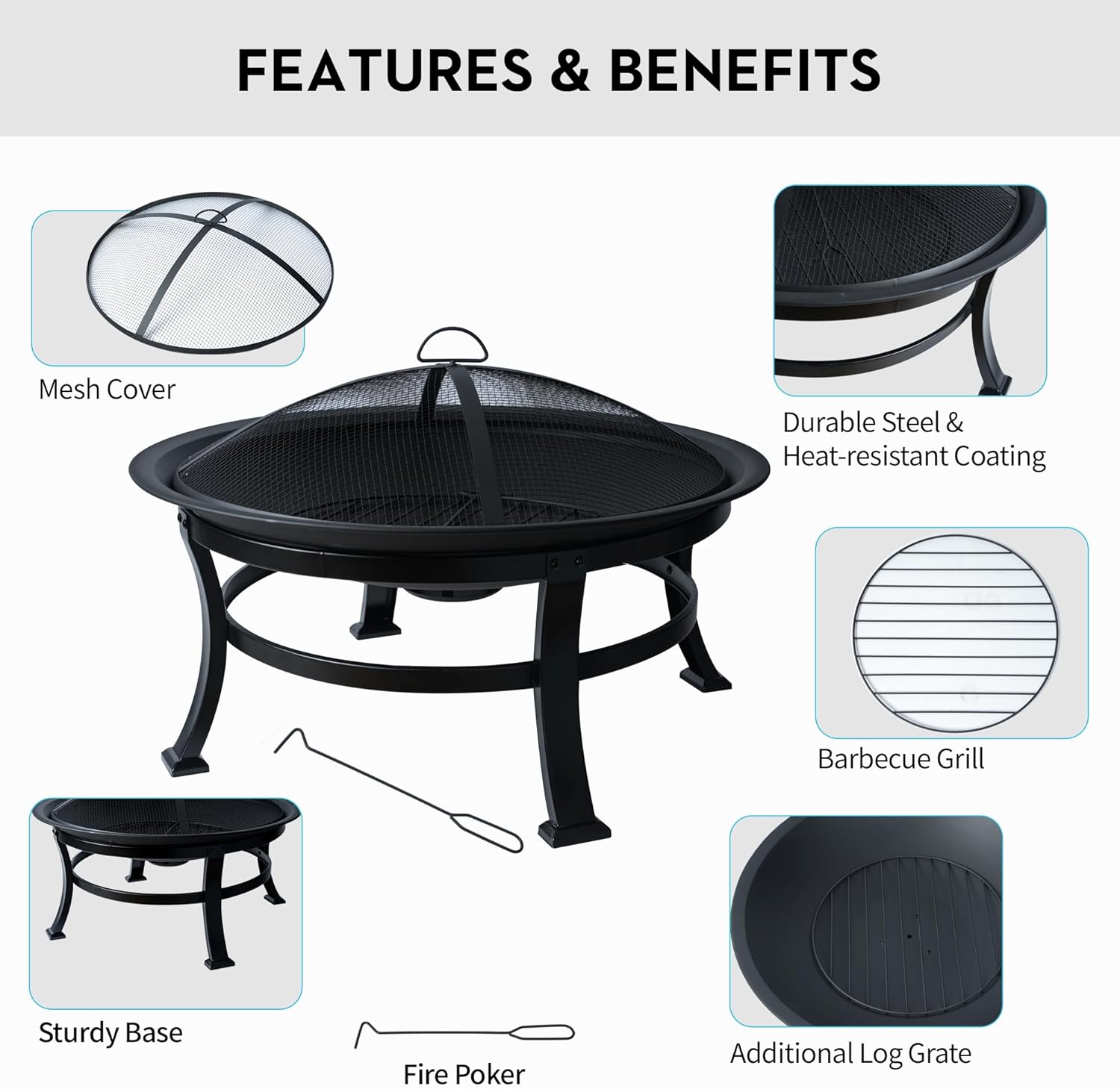 Bestier 30 in Outdoor Wood Burning Fire Pit with Mesh Lid and Fire Picker - Durable Steel Fire Pits for Outside, Fire Pit for Backyard, Porch, Deck, Camping