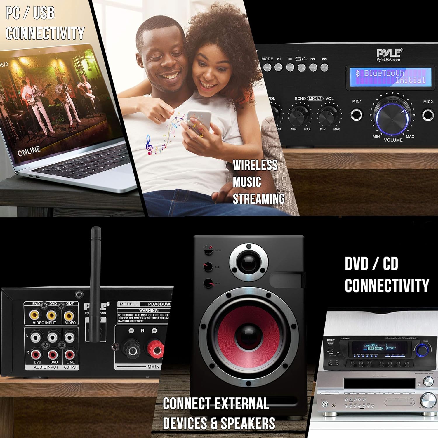 Pyle Wireless Microphone Power Amplifier System - 200W Dual Channel Sound Audio Stereo Karaoke Speaker Receiver w/USB, AUX, Microphone in w/Echo, Radio,Home Theater via RCA, Studio Use PDA8BUWM.5