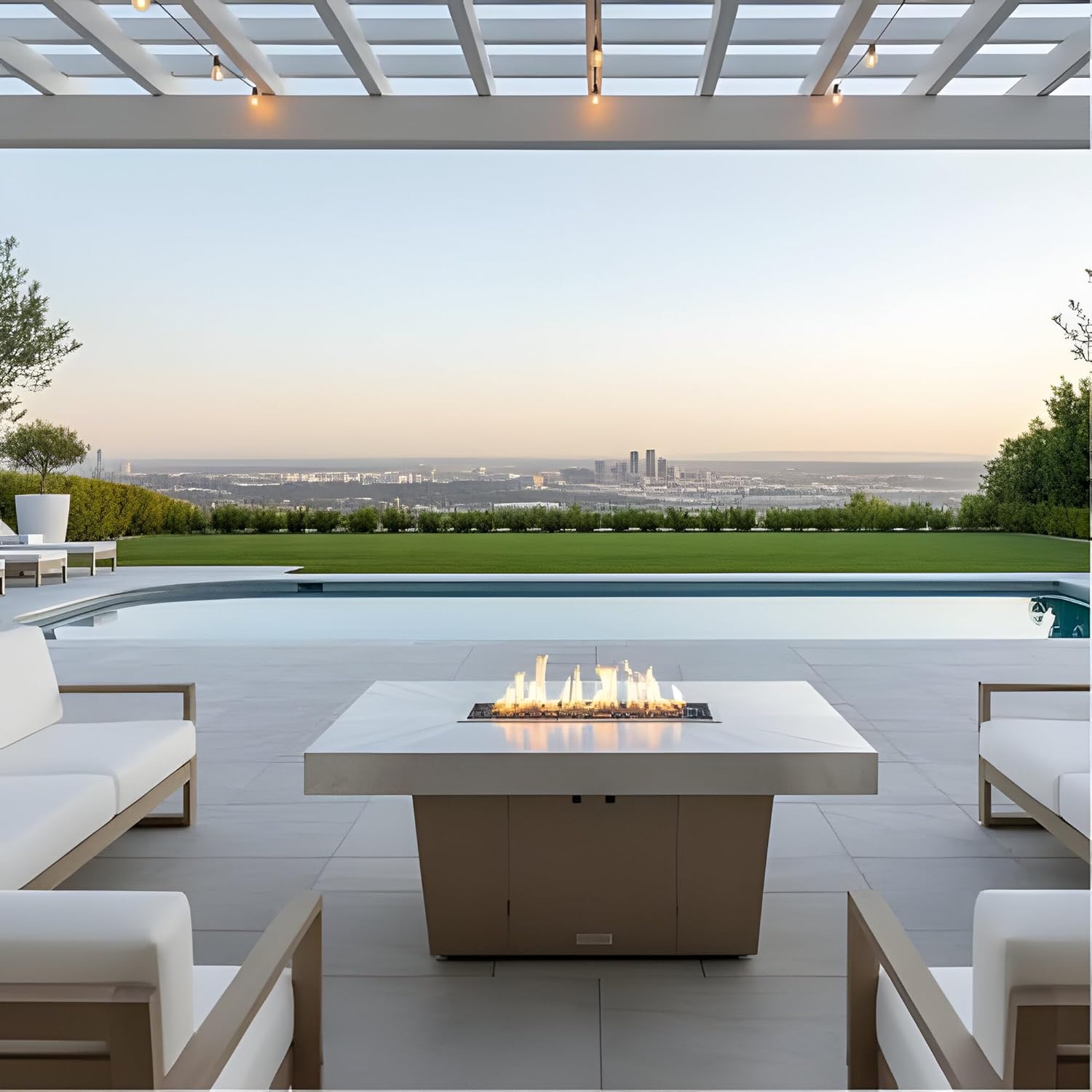 COOKE Palisades Rectangular Fire Pit Table - 52x36 - Chat Height - Natural Gas - Brushed Aluminum Powdercoat Top with 6cm Edge - Beige Powdercoat Base