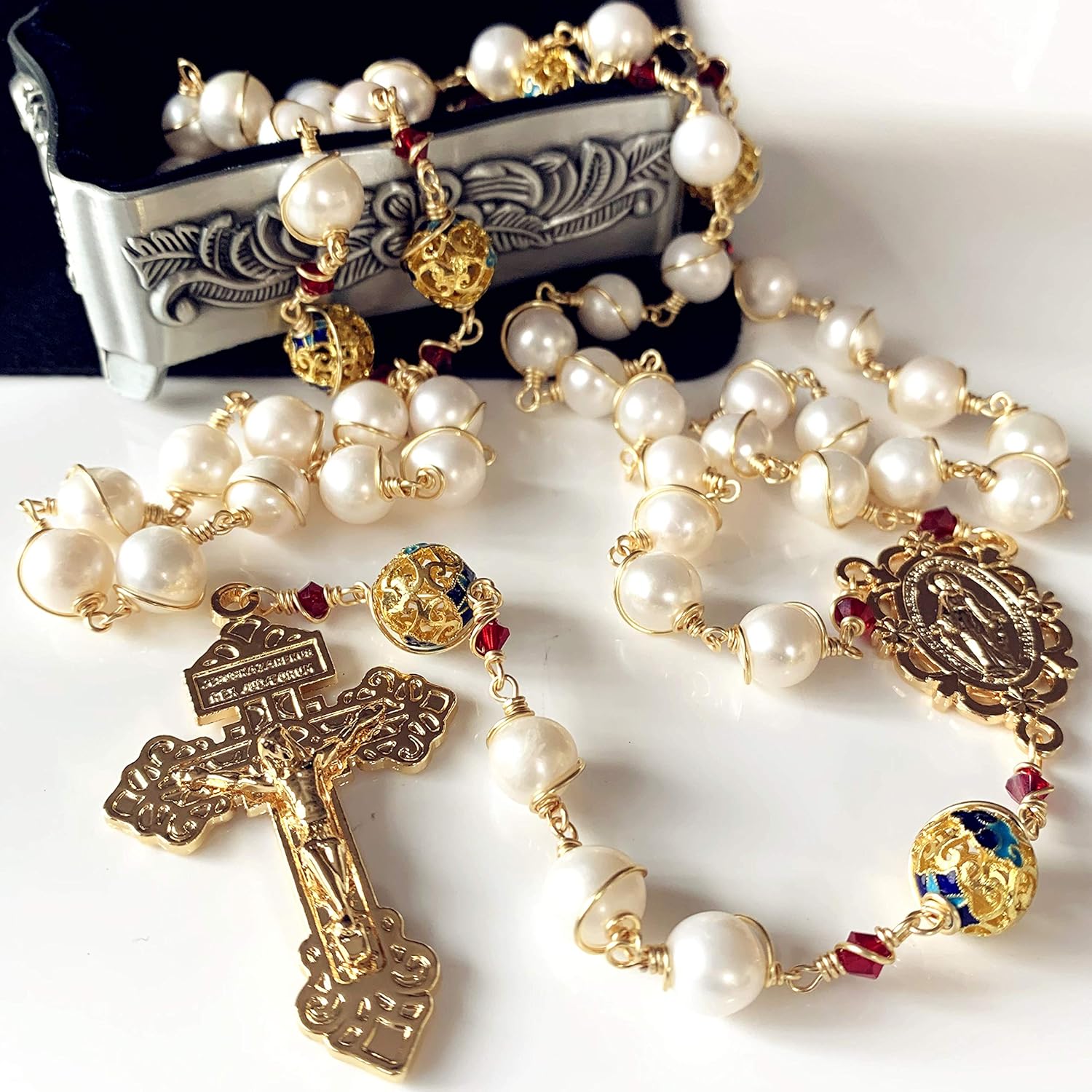 elegantmedical HANDMADE Gold Wire Wrapped Bead AAA White 10mm Real Pearl Rosary Cross NECKLACE BOX