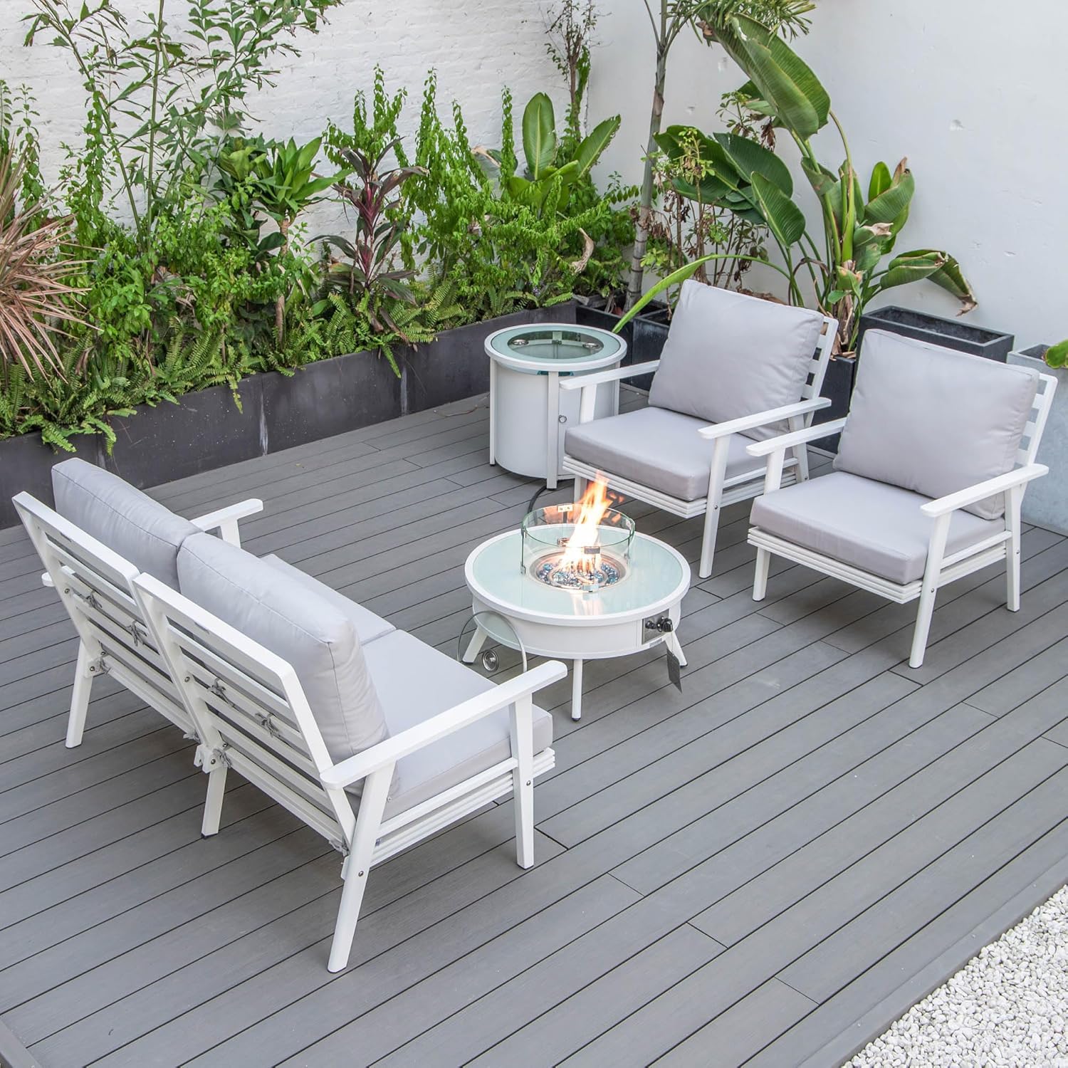 LeisureMod Walbrooke Modern Aluminum 5-Piece Patio Conversation Set with Outdoor Round Firepit Table & Side Table Tank Holder (Light Grey)