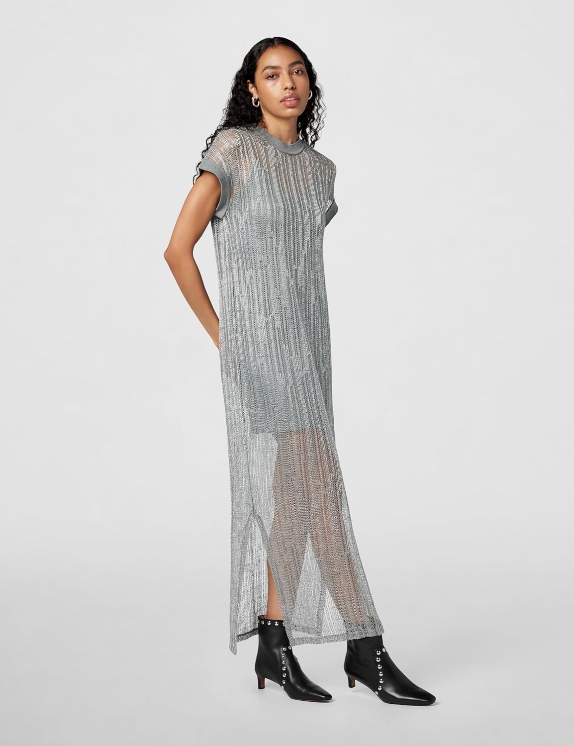 Allsaints Womens Giana Metallic Open Stitch Midi Dress