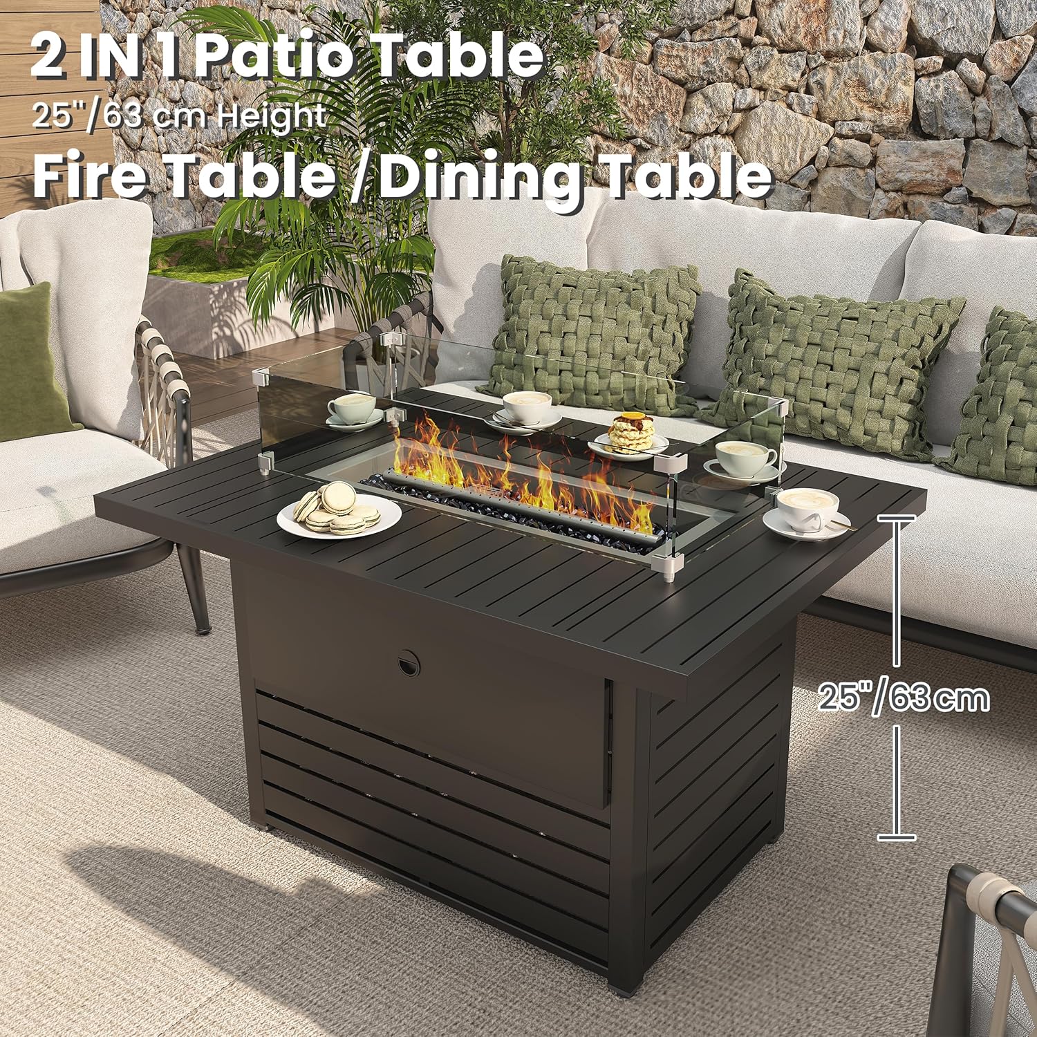 Rectangle Propane Fire Pit Table: 43'' Aluminum Patio Gas Fire Table - 50000 BTU Rustproof Tabletop Firepit Wind Guard Glass Beads - Outdoor Heating Porch Deck Gazebo Backyard Garden - Dark Gray