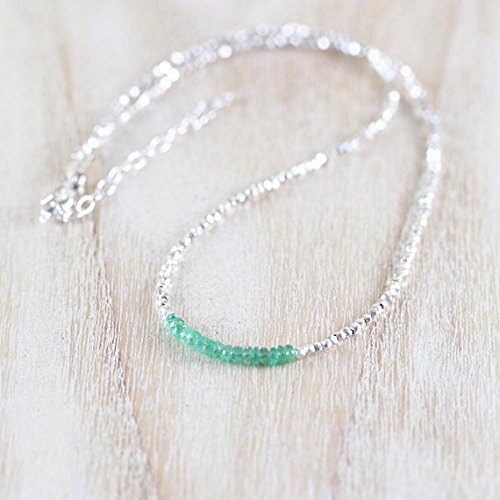 JEWELZ zambian emerald, sterling & karen hill tribe silver platednecklace. dainty gemstone layering necklace. delicate tiny bead jewelry. fine jewellery 2.5mm 16