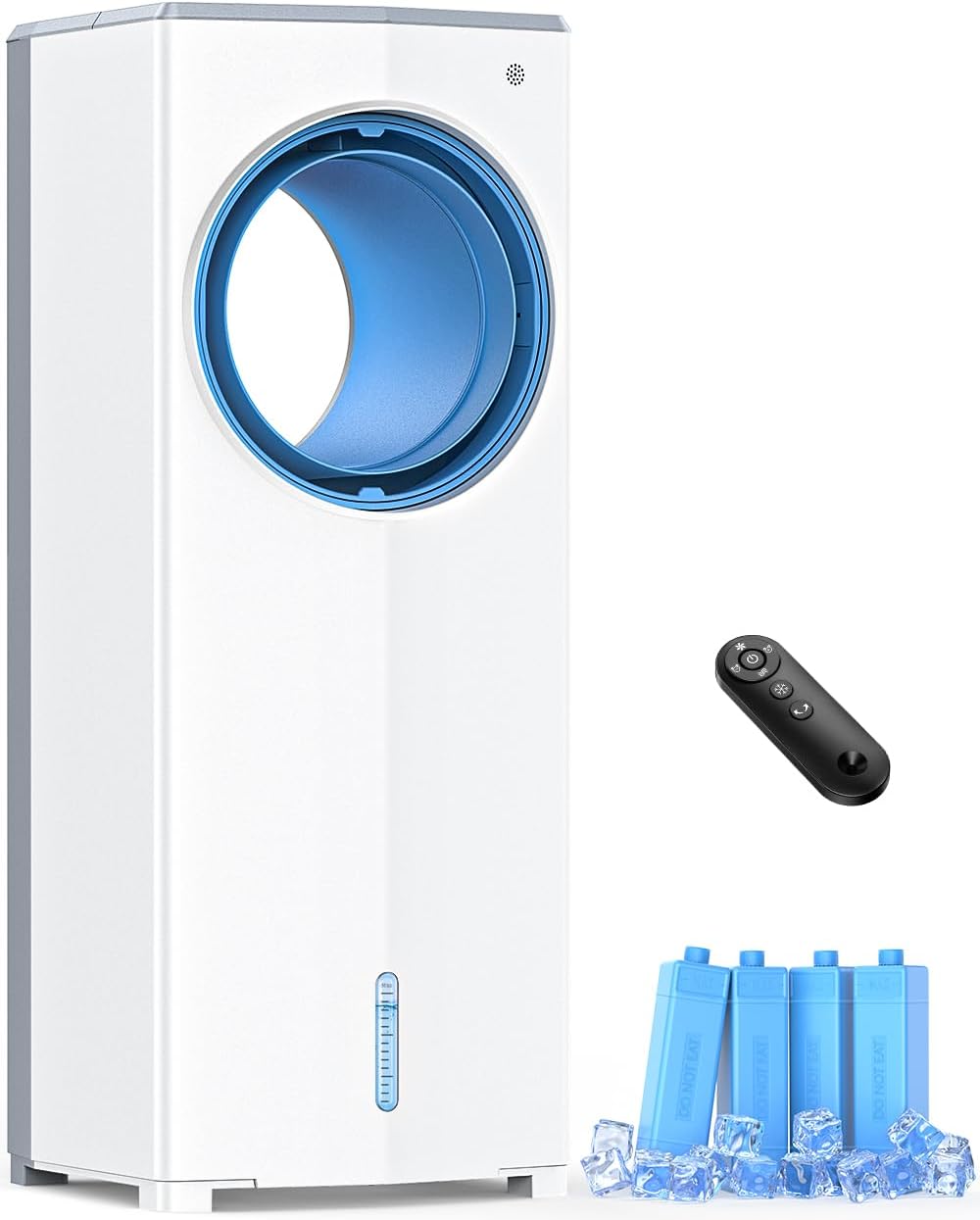 27 INCH Evaporative Air Cooler, Bladeless Windowless Air Conditioners w/4 Modes & 3 Speeds, 1 Gallon Double Tanks for 12H Cooling, 360°Auto Swing, 20ft Remote Control,7H Smart Timer, 4 Ice Packs