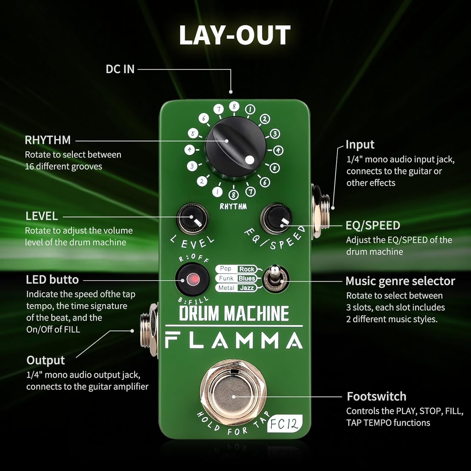 FLAMMA FC12 Drum Machine Guitar Pedal Drum Pedal with Real-Time FILL Function, Guitar Effect Pedal with 48 Drum Grooves 6 Music Styles & Tap Tempo EQ Presets, 44.1kHz/24Bit Mini Pedal