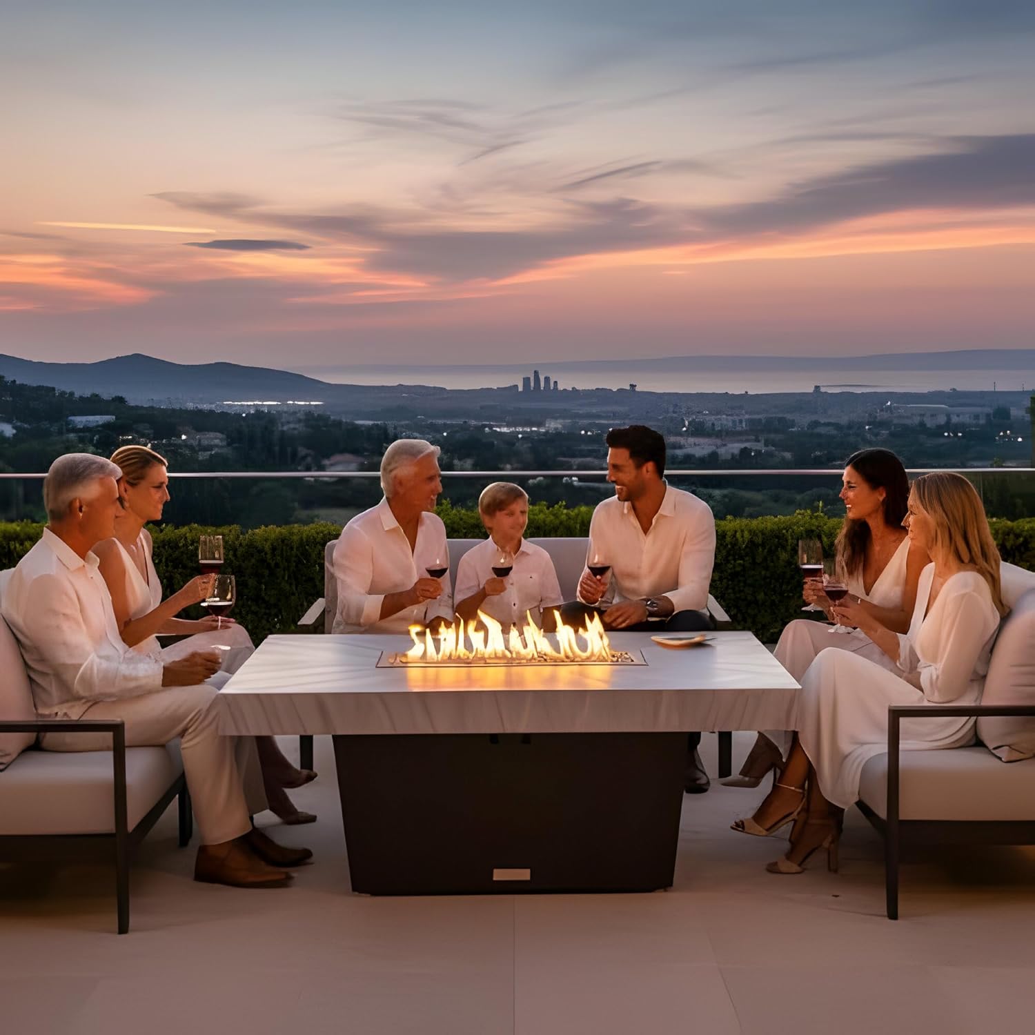 COOKE Palisades Rectangular Fire Pit Table - 52x36 - Chat Height - Natural Gas - Brushed Aluminum Top with 6cm Edge - Black Powdercoat Base