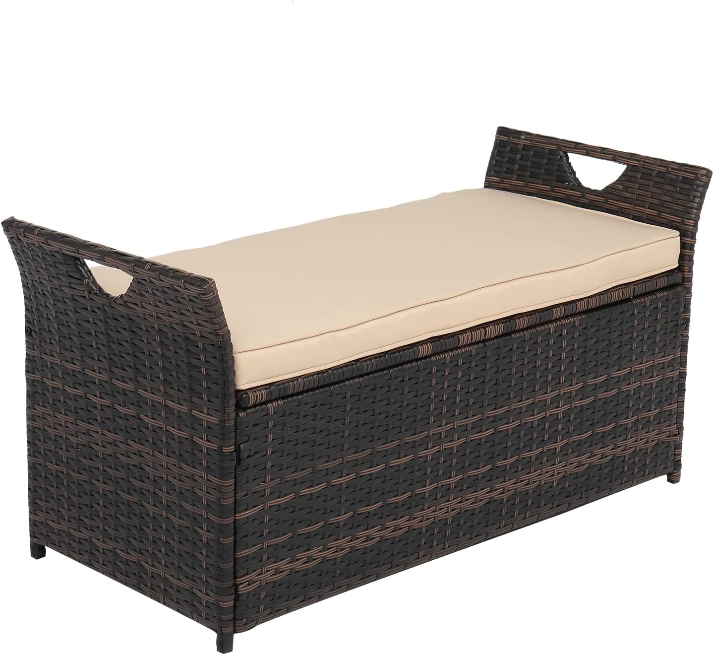 PE Rattan Outdoor Storage Bench, Wicker Deck Storage Box with Comfy Beige Seat Cushion, Perfect for Patio Porch Garden Balcony Yard Garden Tools Pool Toys, 33 Gallon Brown Gradient