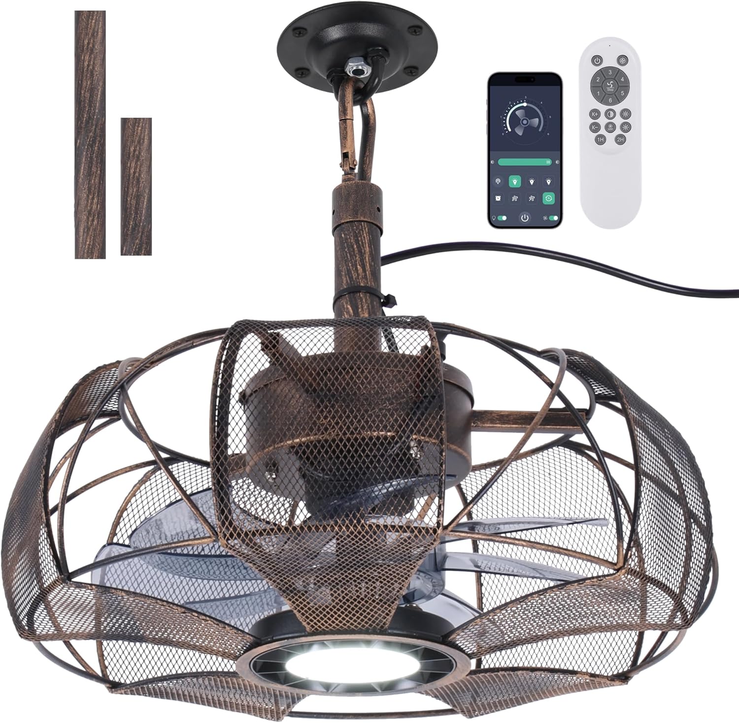 She's home Caged Gazebo Fan with Dimmable LED Light, 15-Inches Portable Outdoor Ceiling Fan with Hanging Hook & Remote, Smart App, Plug in Patio Fans for Outside Porch Yard Garage - Bronze