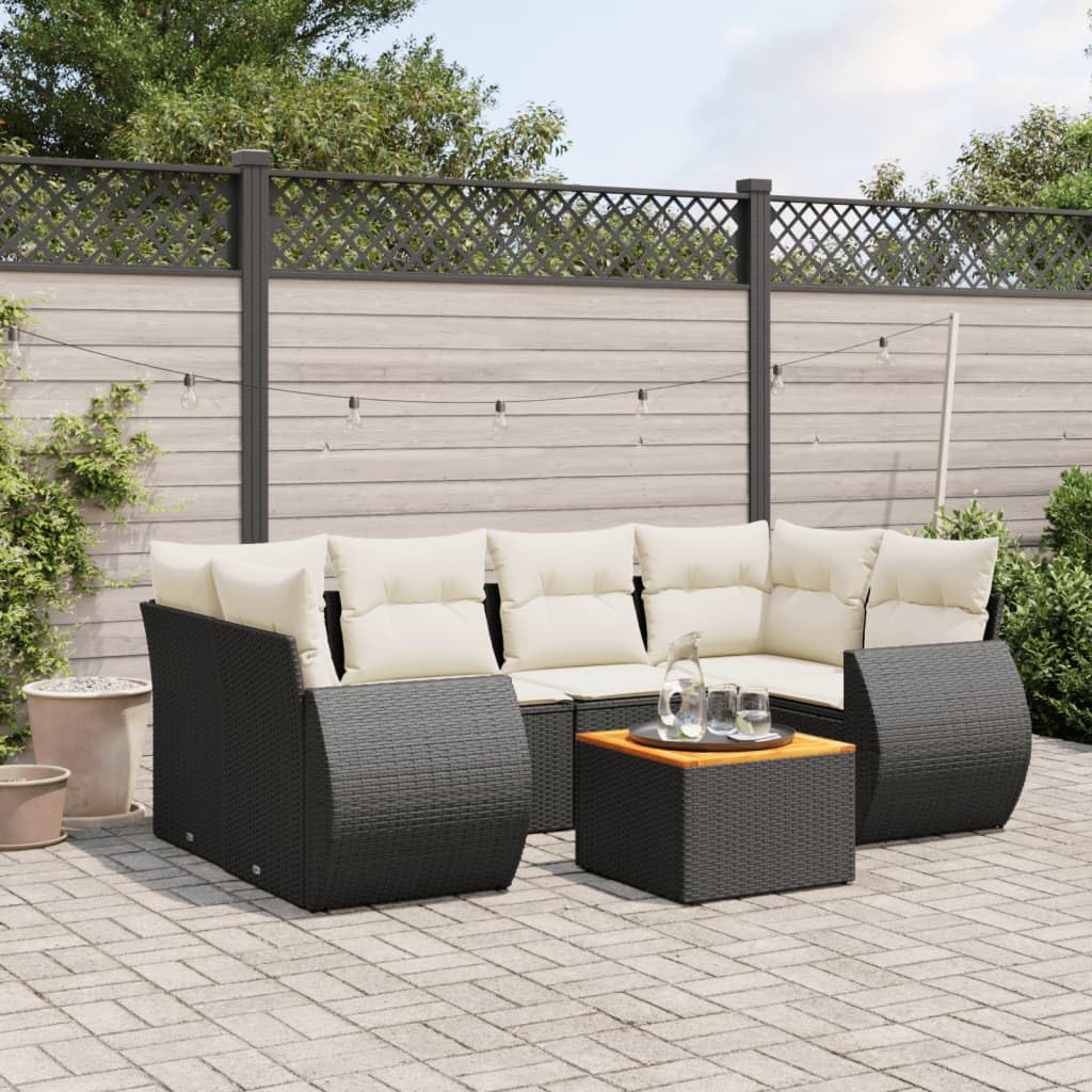 7-Piece Garden Sofa Set, Black Synthetic Poly Rattan, Cream White Cushions, Outdoor Patio Furniture Seating with Storage, Modular Design for Balcony, Terrace
