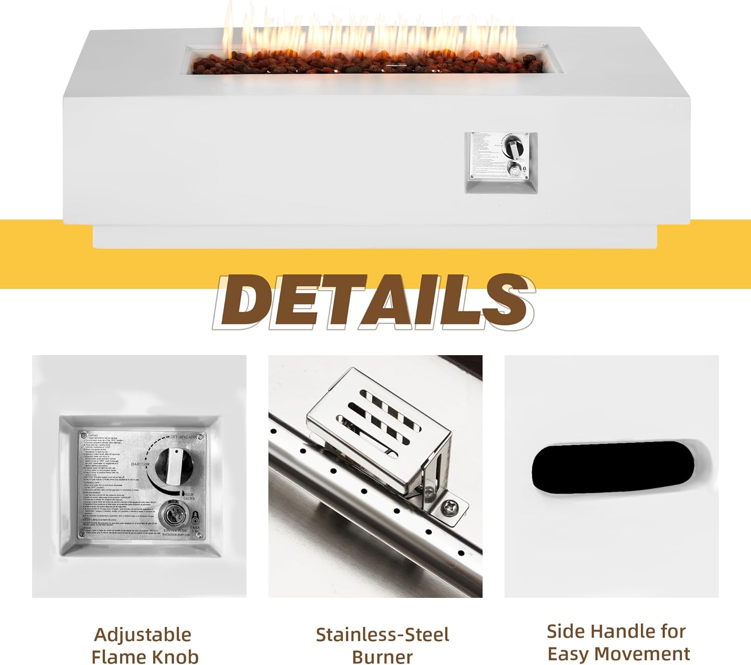 ECOTOUGE 56'' Gas Fire Pit, Outdoor Propane Firepit, Auto-Ignition Rectangle Steel Fire Table, 50,000 BTU Concrete fire Pit w/Weather-Resistant Pit Cover, Lava Rocks,no Tank Holde, White