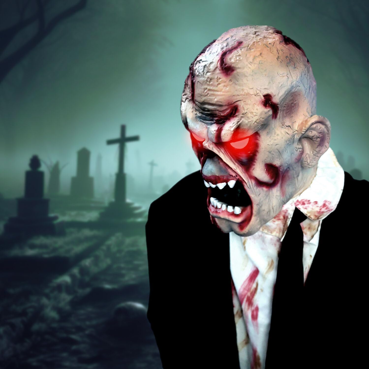 Haunted Hill Farm Damien by Tekky, Battery-Operated, Motion and Sound Activated Animatronic Zombie with Sound Effects and Lights for Indoor or Covered Outdoor Creepy Halloween Decoration
