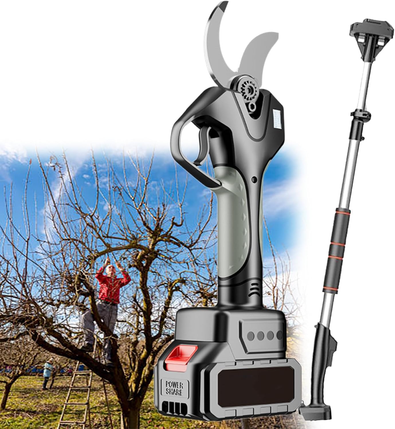 Electric Pruning Shears Cordless- Brushless & Professional Battery Powered Pruner, 2 Batteries & Scalable Extension Rod, Toolbox for Efficient Garden & Landscape Maintenance