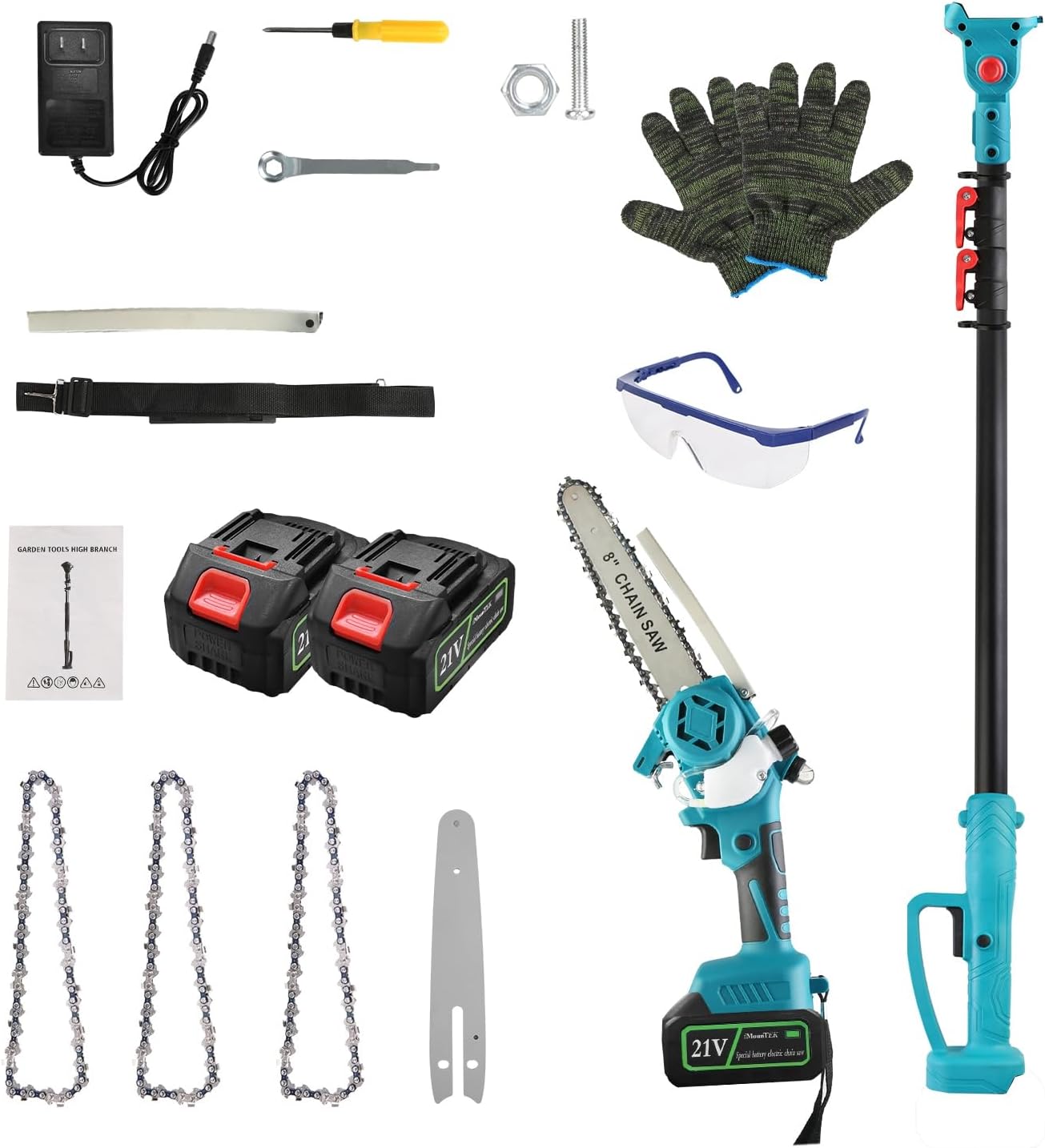 2-In-1 Cordless Pole Saw and Mini Chainsaw, 21V 3.0Ah Battery Powered Telescoping Pole Chainsaw with Auto Oiler Safety Switch, 13 FT Max Reach Pole Chain saw for Tree Branches Pruning, Wood Cutting