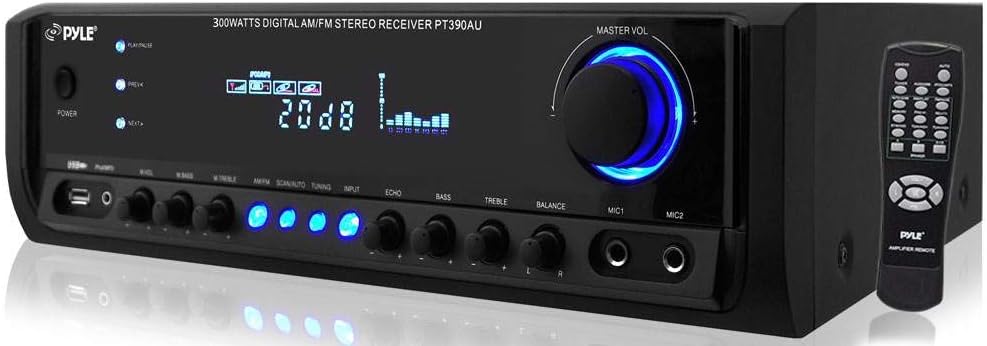 Pyle 300W 4-Channel Home Audio Power Amplifier - Stereo Receiver with USB/ RCA/ AUX/ 2 Mic Inputs w/ Echo/ LED/ EQ/ Digital Display/ Remote - For PA - iPhone - Karaoke - Home Entertainment - PT390AU