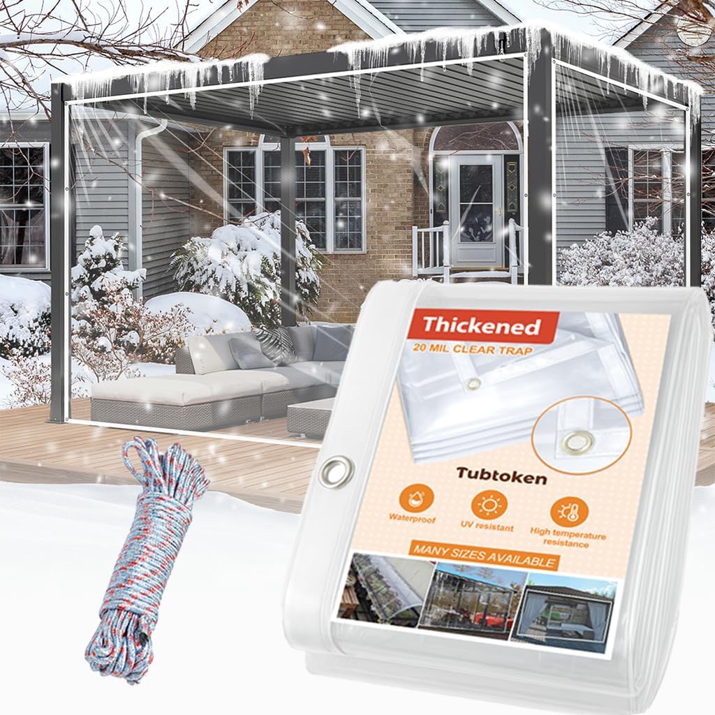 20 Mil Heavy Duty Clear PVC Tarpaulins 16 x 20 FT, Waterproof Wind-Proof Transparent Vinyl Tarp for Patio Pergola Garden Canopy Rainproof Anti-Tear PVC Thick Cover with Grommets (16 x 20 FT)