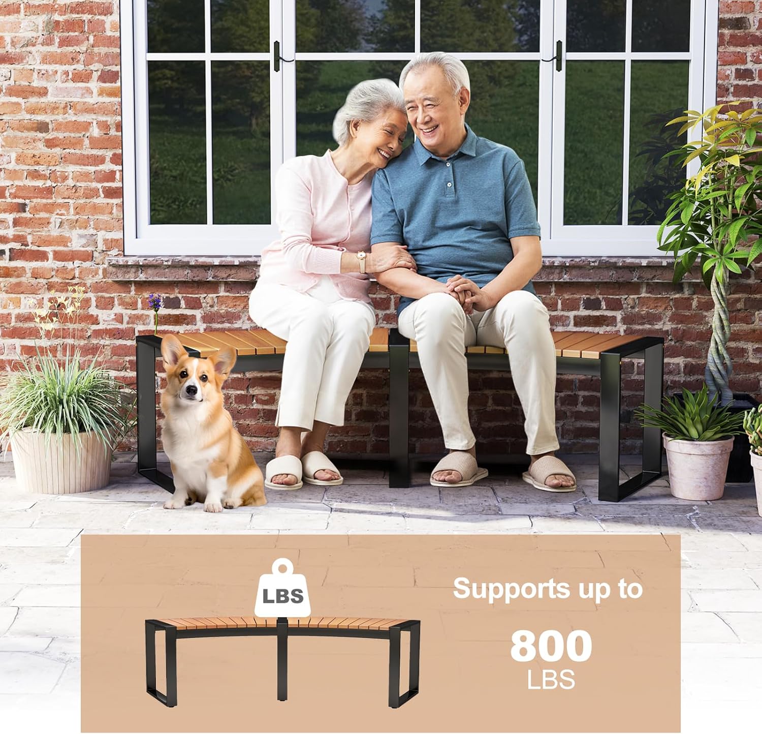 HAPPYGRILL Outdoor Curved Firepit Bench, Acacia Wood Firepit Bench with Metal Frame, Backless Loveseat for Patio, Porch, Garden, Deck, Yard, 800 LBS Max Load (4)