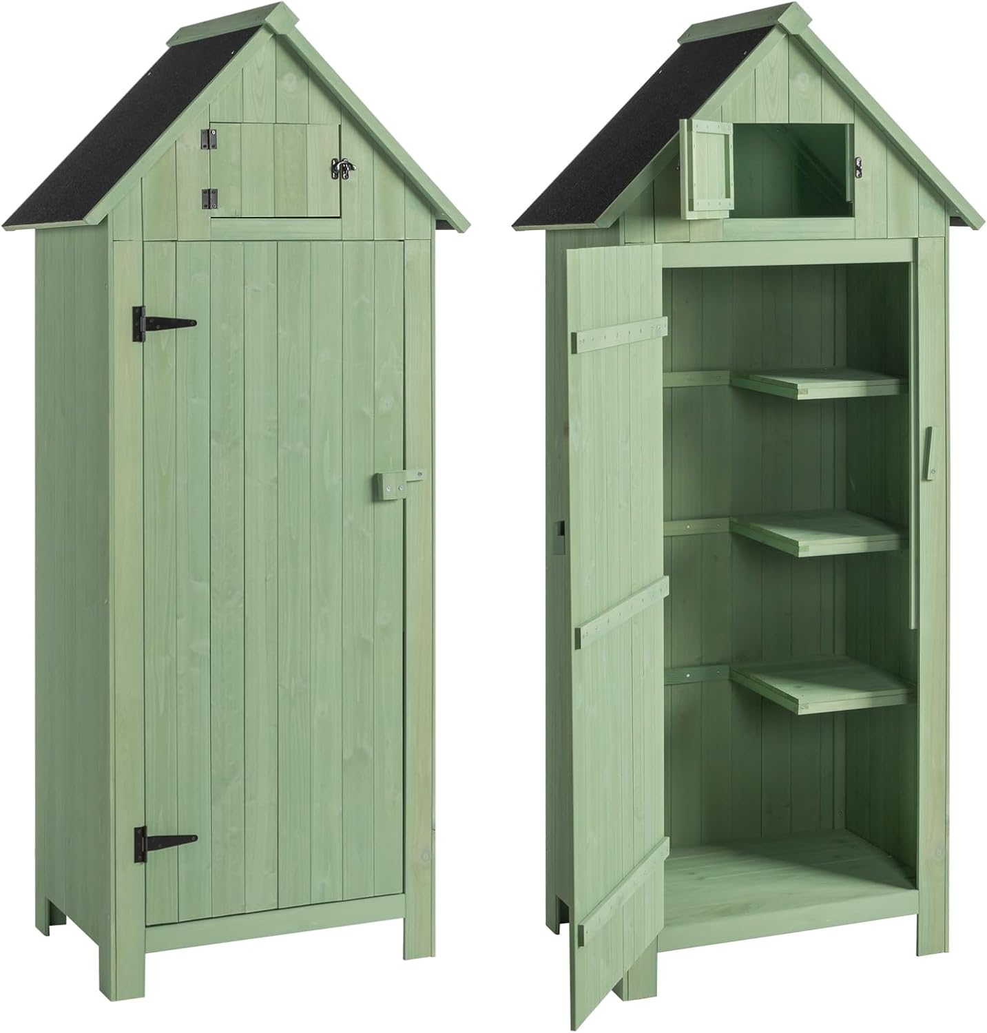 70in Wooden Garden Storage Shed,Outside Waterproof Tool Storage Shed,Wooden Garden Tool Storage Cabinet,Patio Furniture Storage House,with Asphalt Roof & Door,for Deck, Lawn, Yard, Garage (Green)