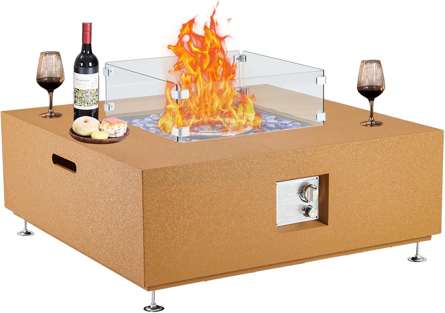 50,000 BTU Certified Propane Fire Pit Table – 36 Inch Rectangular Outdoor Fireplace with Wind Guard Glass, Lid & Waterproof Cover for Backyard, Garden and Party