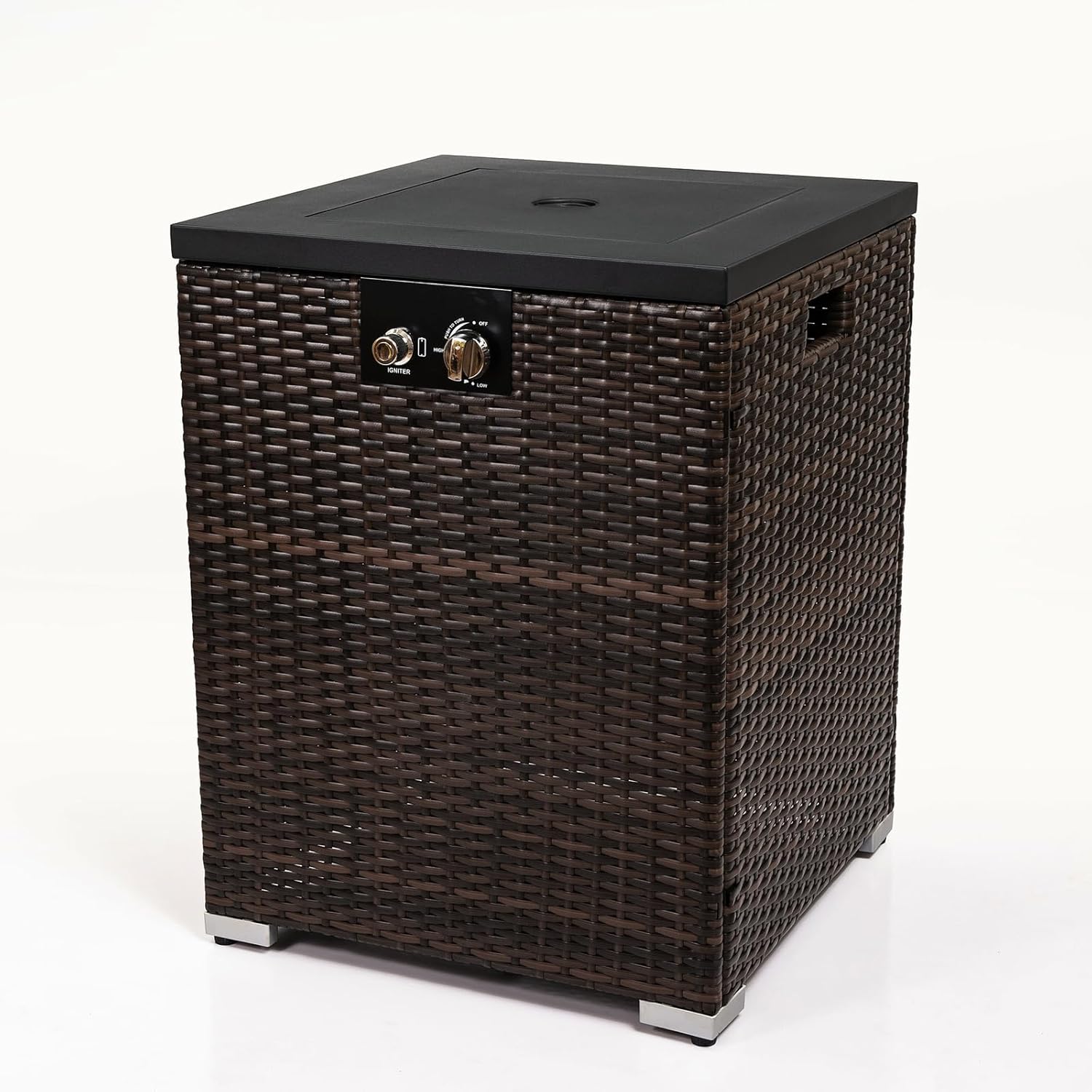 Penau Outdoor Wicker Fire Pit Column with Adjustable Flame and Glass Wind Guard, 40000 BTU Patio Heating, Includes Rain Cover and Decorative Glass Rocks