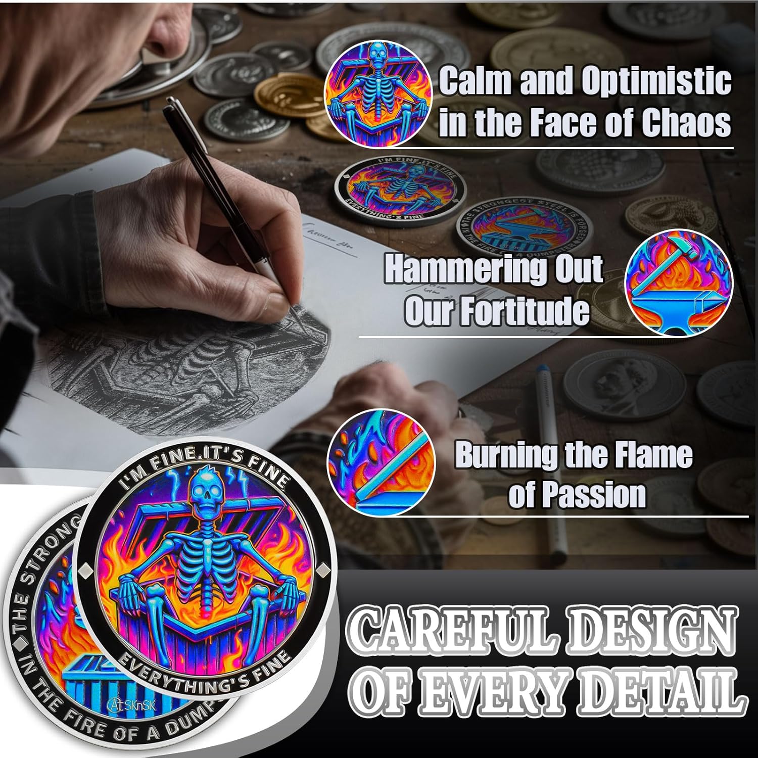 10Pcs Purple Flame Skeleton Dumpster Fire Coin, I'm FINE Dumpster Fire Challenge Coin - Funny Office Desk Accessories - Novelty Coins Pocket Token - Inspirational Office Gifts for Men Women