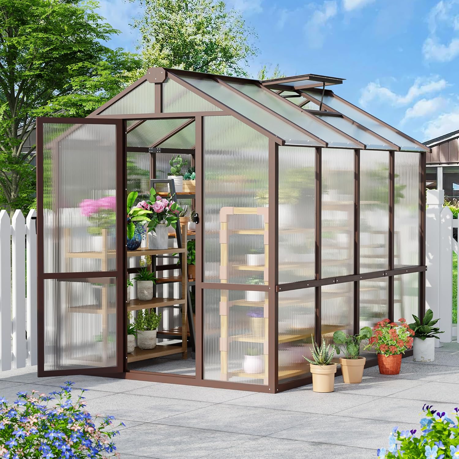 6x8 FT Greenhouse, Wooden Polycarbonate Greenhouse with 6MM Thick Polycarbonate Panel and Adjustable Roof Vents, Walk-in greenhouses for Outdoors for Garden Backyard, Patio, Lawn, Brown