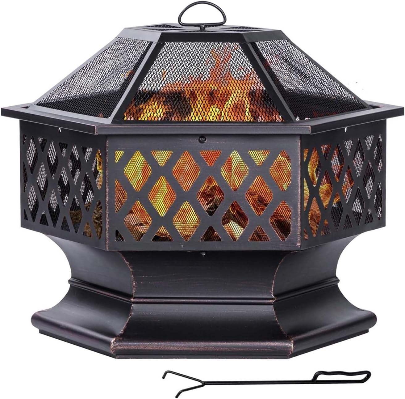 28 Inch Hexagon Wood Burning Fire Pit – Antique Bronze Outdoor Firepit with 360° Flame View for Patio, Backyard, and Camping(28 Inch)