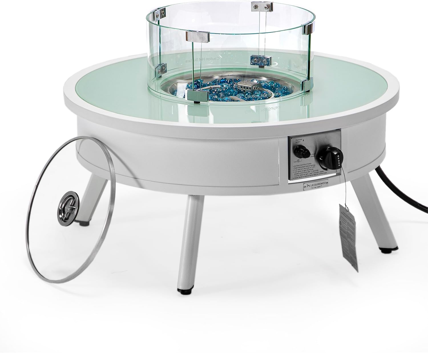 LeisureMod Walbrooke Modern Outdoor Round Fire Pit Table with Powder-Coated Aluminum Frame for Patio and Backyard Garden, White