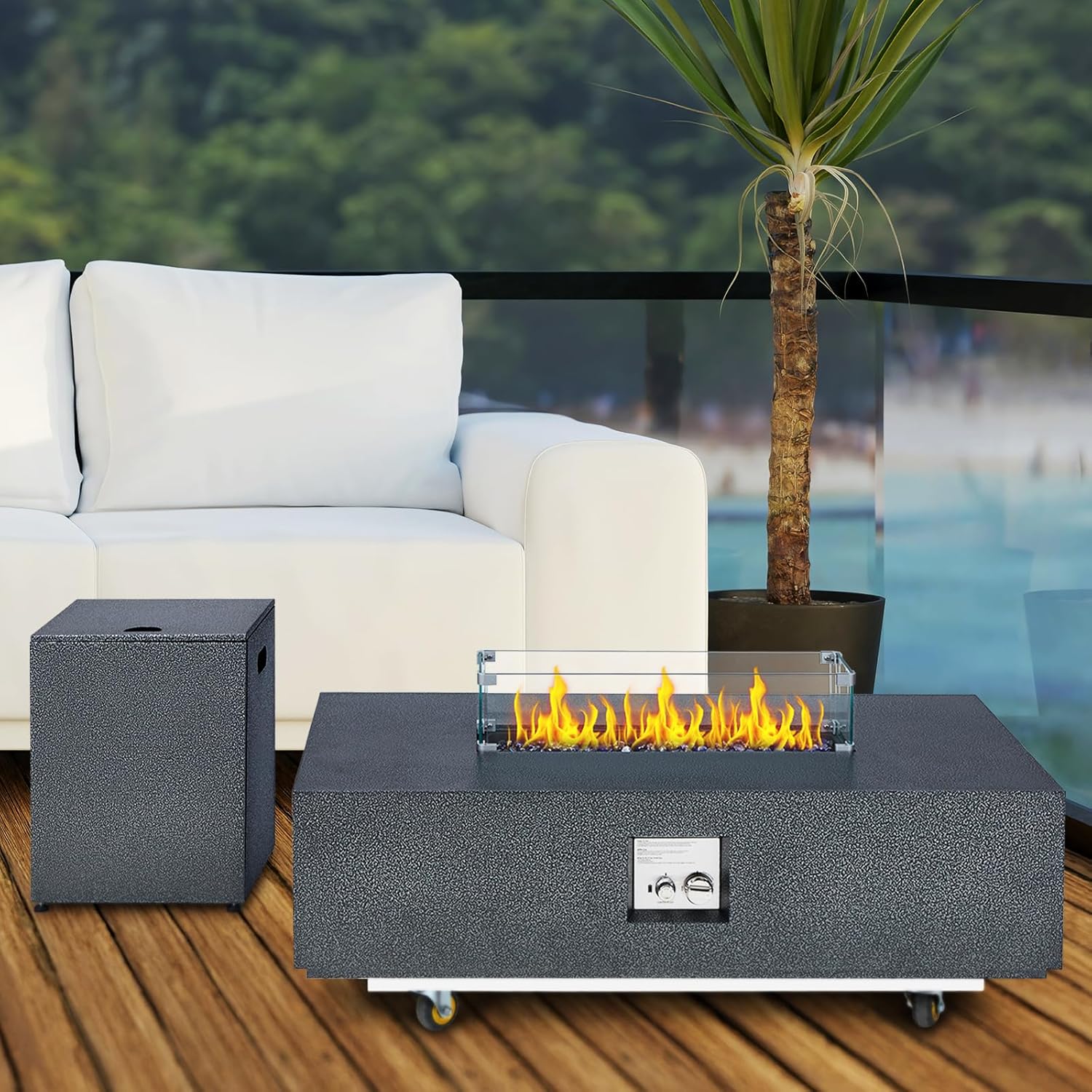 48 inch Propane Fire Pit Table, 50,000 BTU Outdoor Patio Heater with 16 in Side Table, Blue Fire Glass, Wind Guard & Rain Cover, Steel Firepit for Deck, Garden, Backyard, Brown