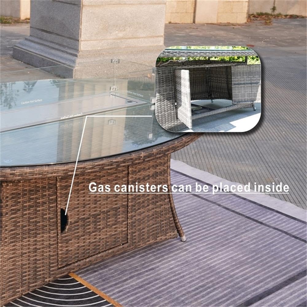 Brown Rattan Outdoor Gas Fire Pit Table Patio Dining Table with Wind Guard
