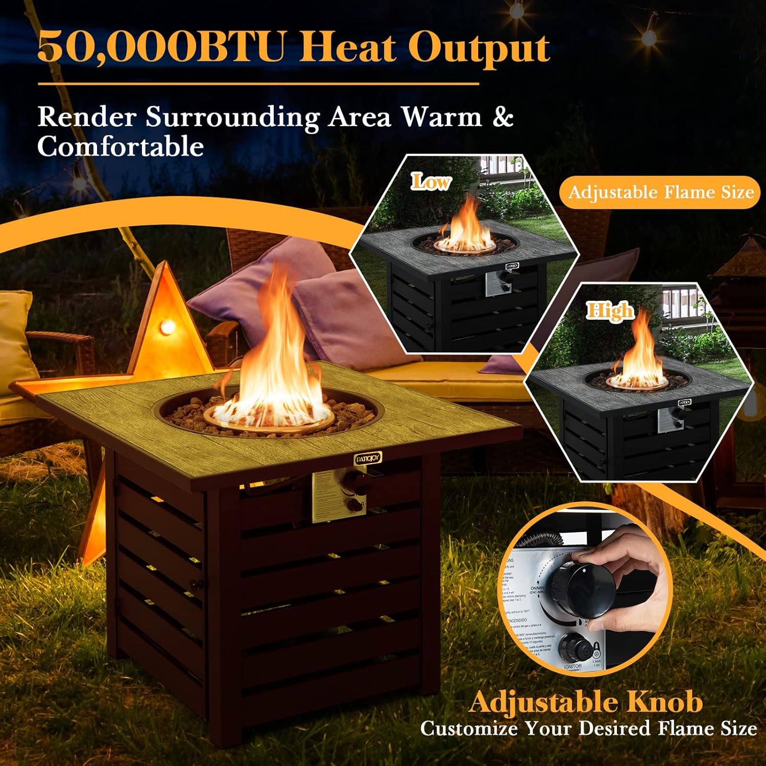 Tangkula 32-Inch Outdoor Propane Fire Pit Table, Patiojoy 50,000 BTU Square Gas Fire Pit with Ore Powder Tabletop, Adjustable Flame, Lava Rocks, PVC Cover for Patio, Poolside, Garden