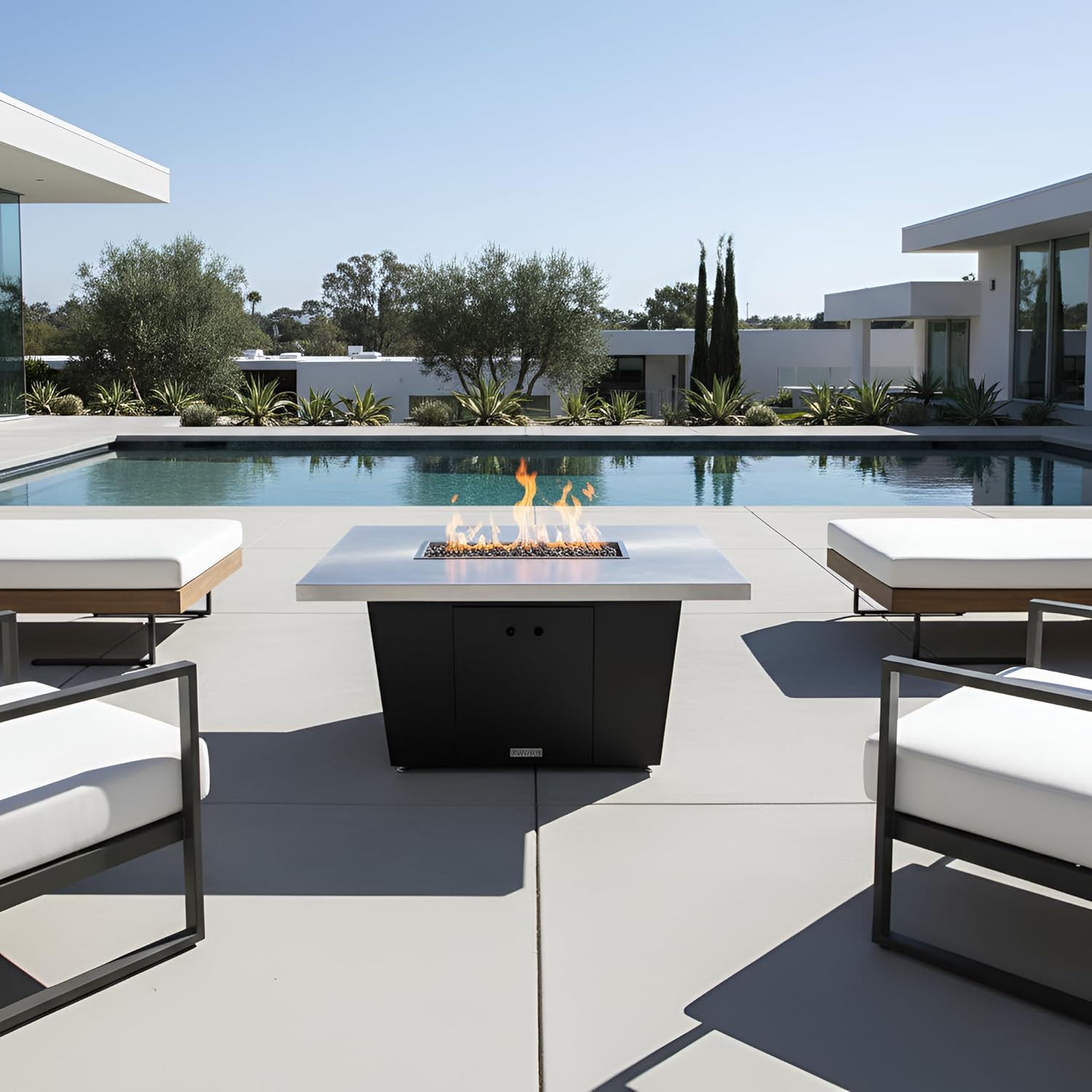 COOKE Palisades Rectangular Fire Pit Table - 44x36 - Chat Height - Natural Gas - Brushed Aluminum Top with 3cm Edge - Black Powdercoat Base