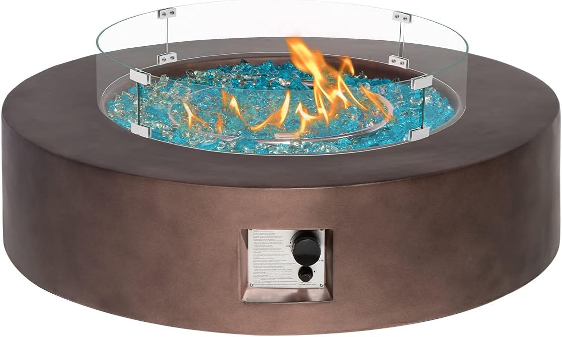 HOMPUS Propane Patio Fire Pit Table with Wind Guard, Lava Rocks and Rain Cover for Outdoor Leisure Party,50,000 BTU 42-inch Round Bronze Concrete Fire Table