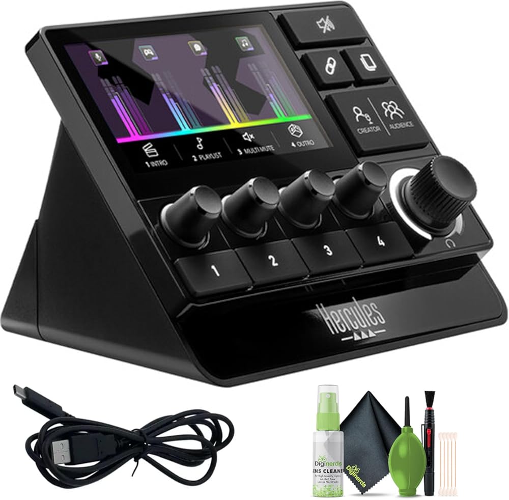 Hercules Stream 200 XLR Pro Audio Mixer for Advanced Content Creators with XLR Mic Pre-Amp, LCD Screen, High Resolution Encoders, 4 Actions Buttons and Customizable Interface Bundle With Cleaning Kit