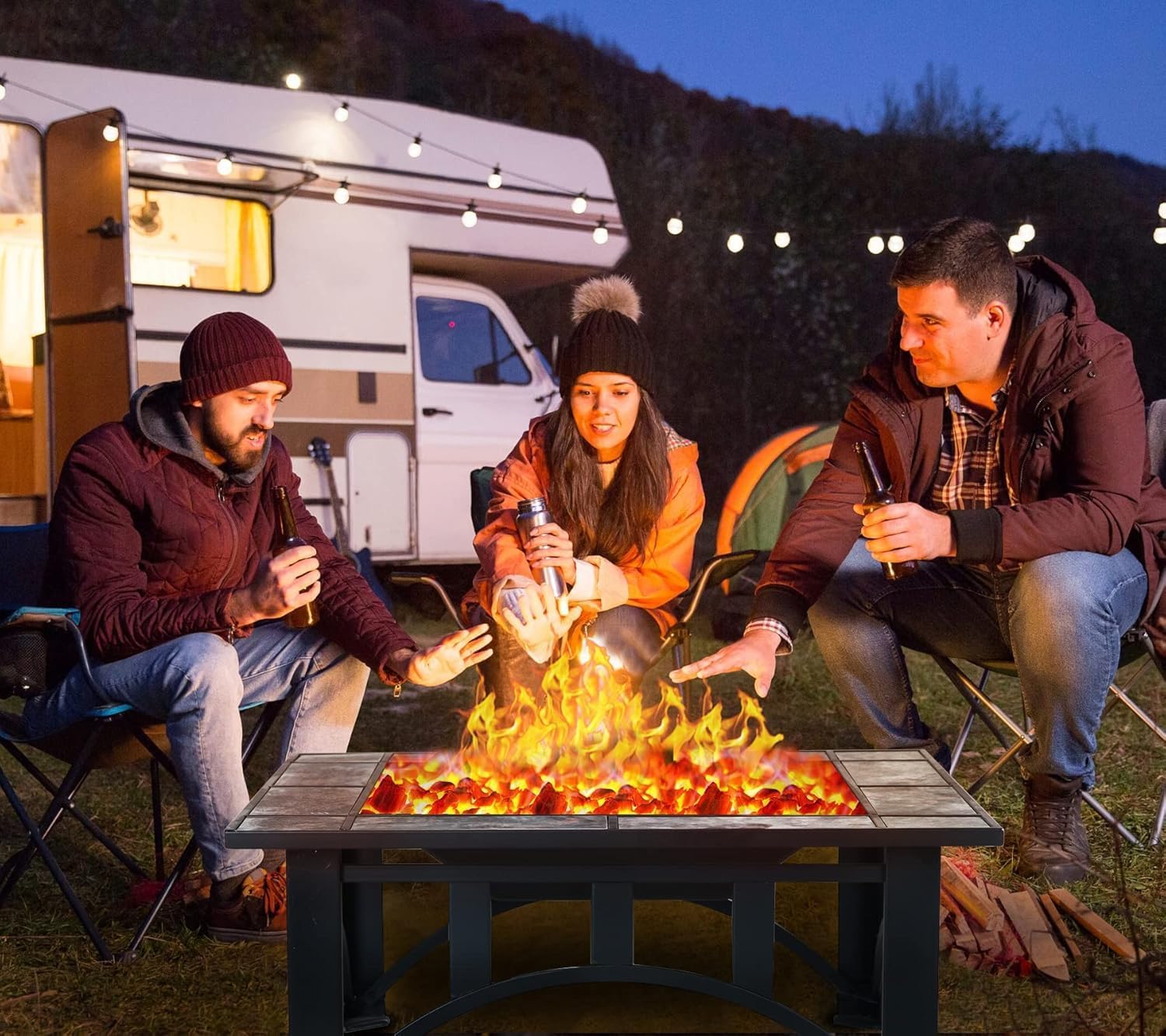 GRAND PATIO Fire Pits for Outside 35'' Wood Burning Square Marble Tile Tabletop Fire Tables for Patio Bonfire,Camping,Outdoor Heating, with Spark Screen and Poker