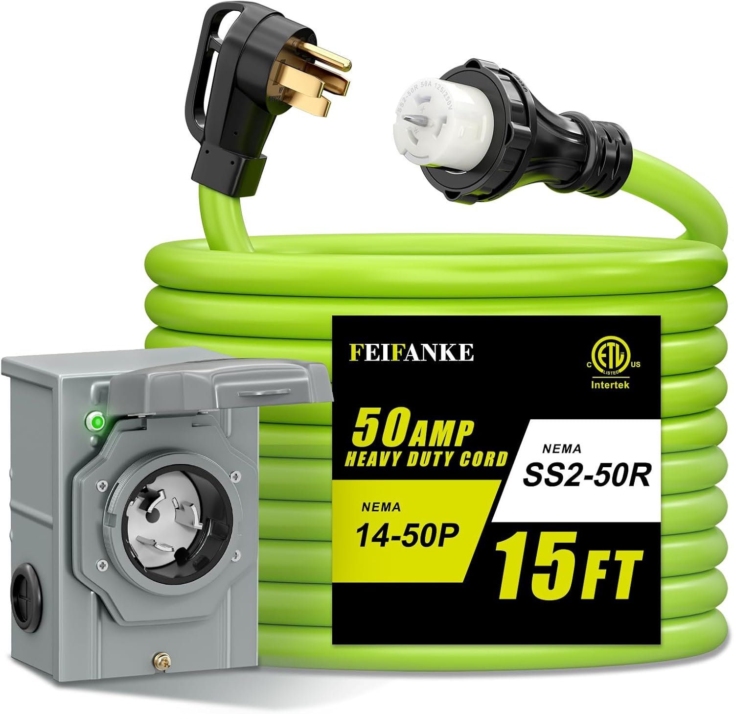 50 Amp Generator Cord and Power Inlet Box Kit, 15Feet 50A 4 Prong Heavy Duty RV Extension Cord NEMA 14-50P to SS2-50R STW 6/3+8/1 AWG Gauge Wire Cable for RV Camper & House,Pre-Drilled, ETL Listed