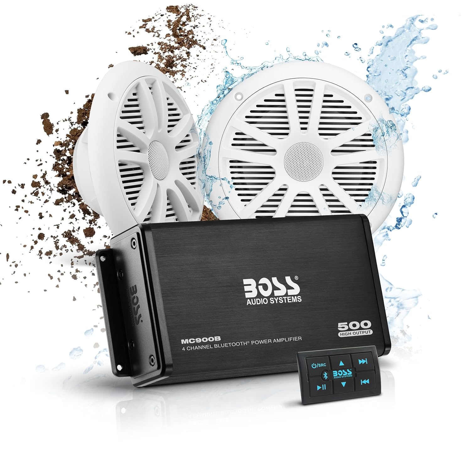 BOSS Audio Systems ASK902B.6 Marine Boat 6.5 inch Speakers and 4 Channel Amplifier Package - 500 High Output, Bluetooth Remote, Waterproof Pouch