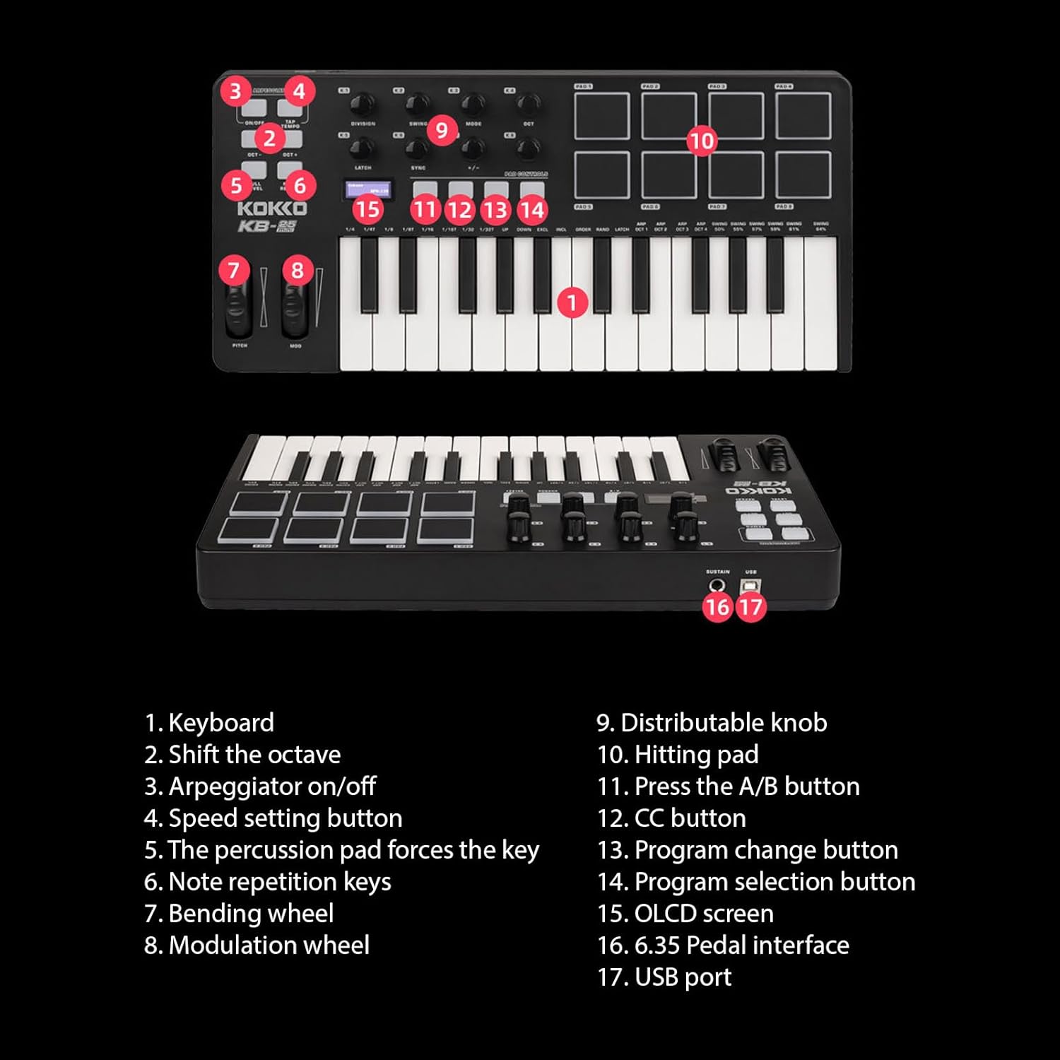 USB MIDI Keyboard, 25 Key Controller Beat Maker Machine Beat Maker Machine Keyboard Portable Arranging Strike Pad USB 5V Power Supply for Music Production