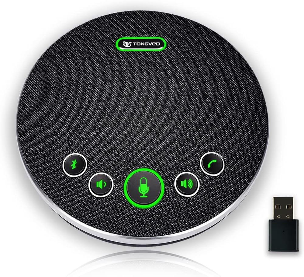 TONGVEO Bluetooth Speakerphone Conference Microphones, Wireless Conference Speaker 360°Voice Pick up with 4 AI Noise Cancellation Mics USB/Dongle/Bluetooth Connection 8 Hour Call Time for 8-12 People