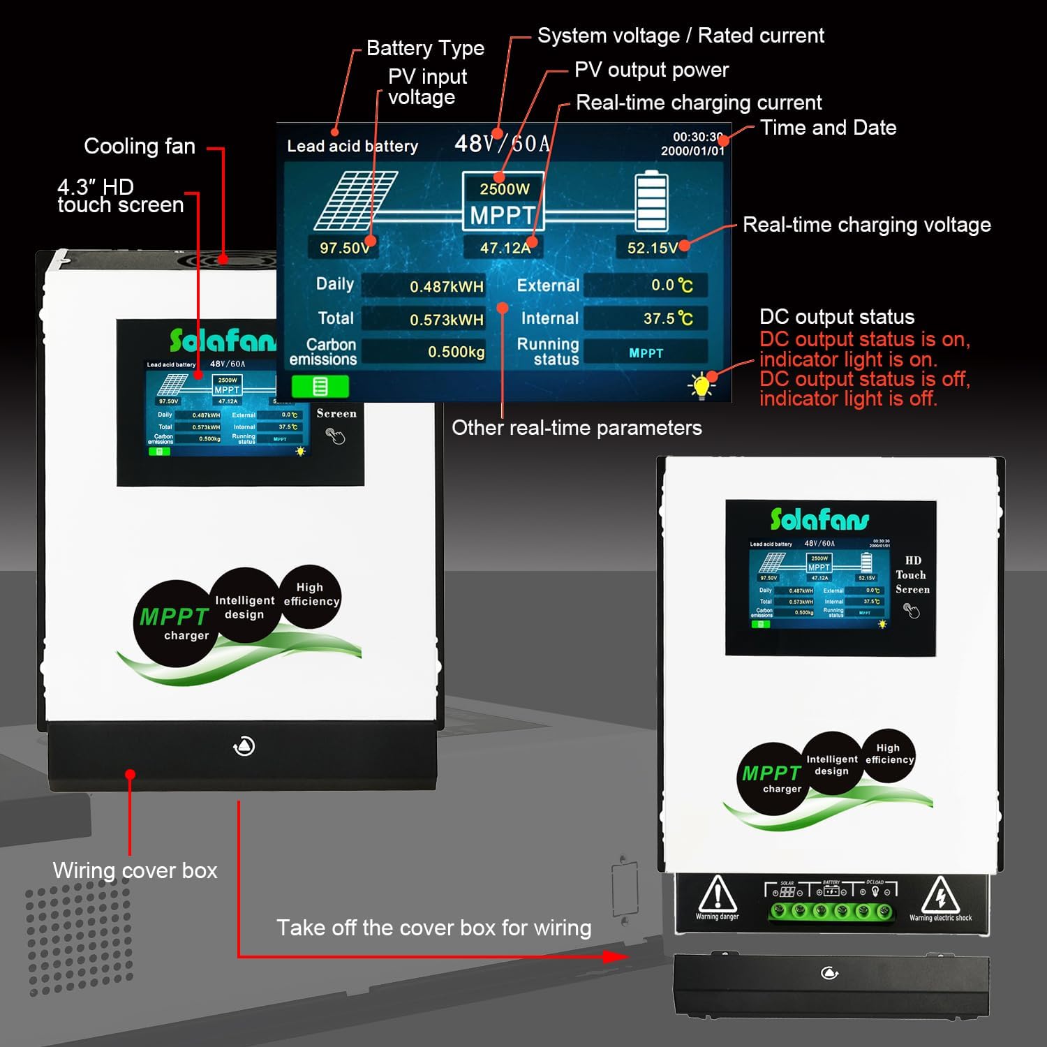 96V 60A Modbus MPPT Controller 6600W Solar Panels Input HD Touch Screen 48V/60V/72V/84V/96V PV180V Battery Reactivation Multi-Language with Bluetooth