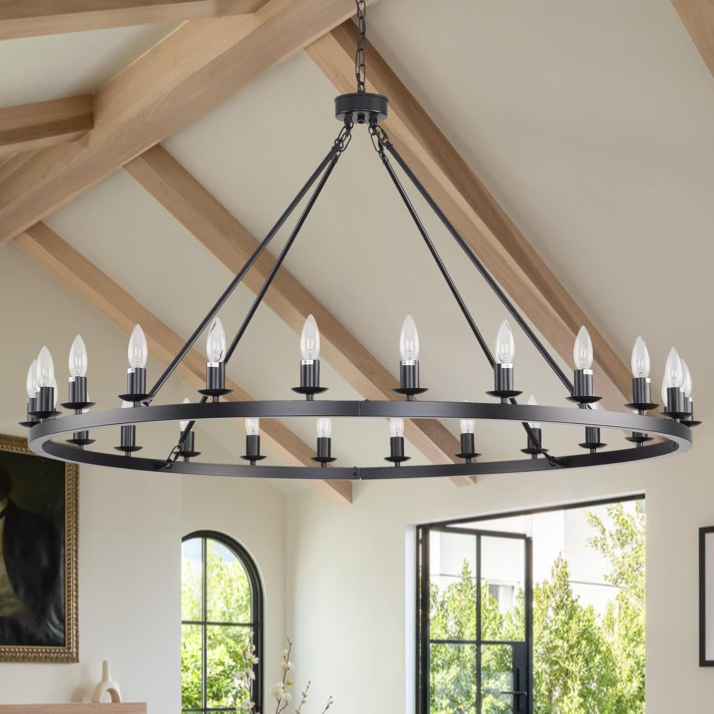 48 Inch Black Large Wagon Wheel Chandelier, 24-Lights Farmhouse Industrial Round High Ceiling Light Fixture Adjustable Chain for Outdoor Porch,Foyer,Dining Room, Living Room