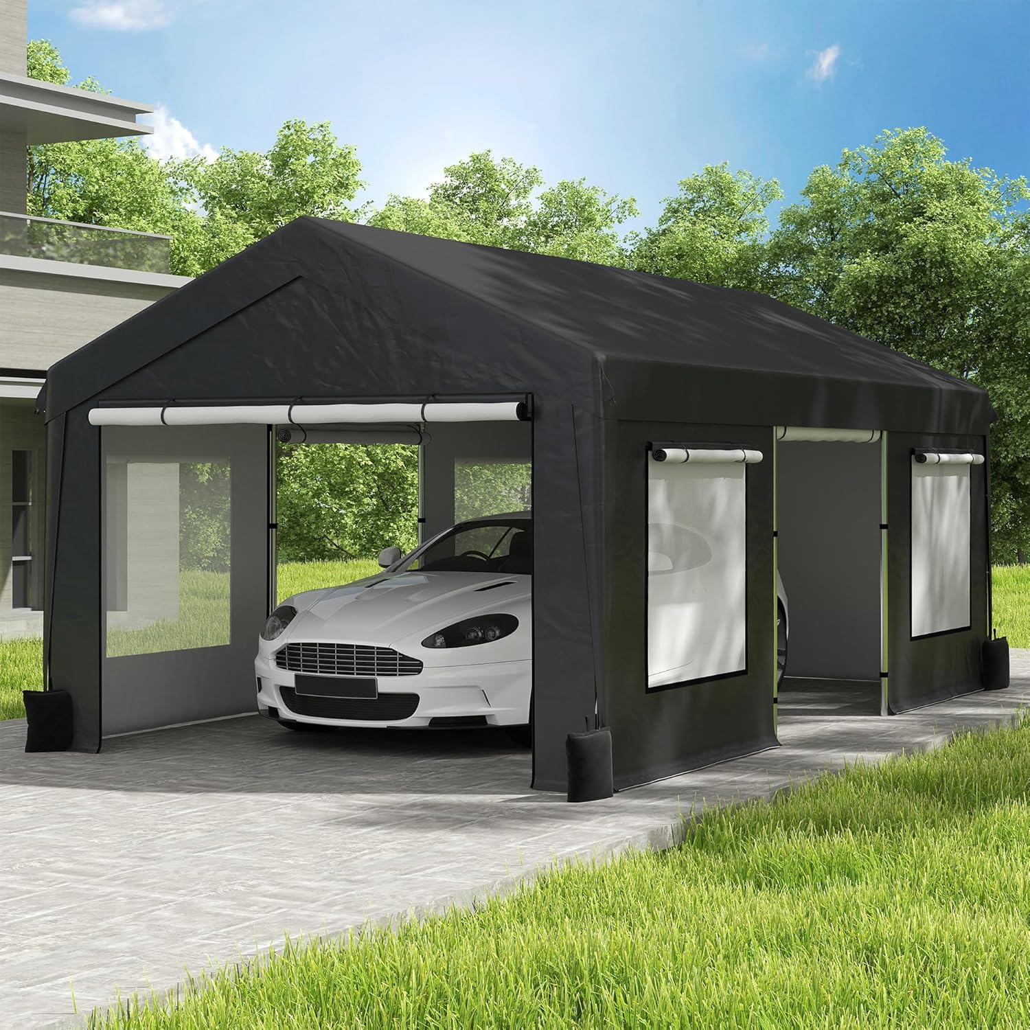 Carport 12X20FT, Heavy Duty Car Port with Sidewalls, Portable Garage with Sandbags, Outdoor Storage Shelter for Car, SUV, Truck, Boat