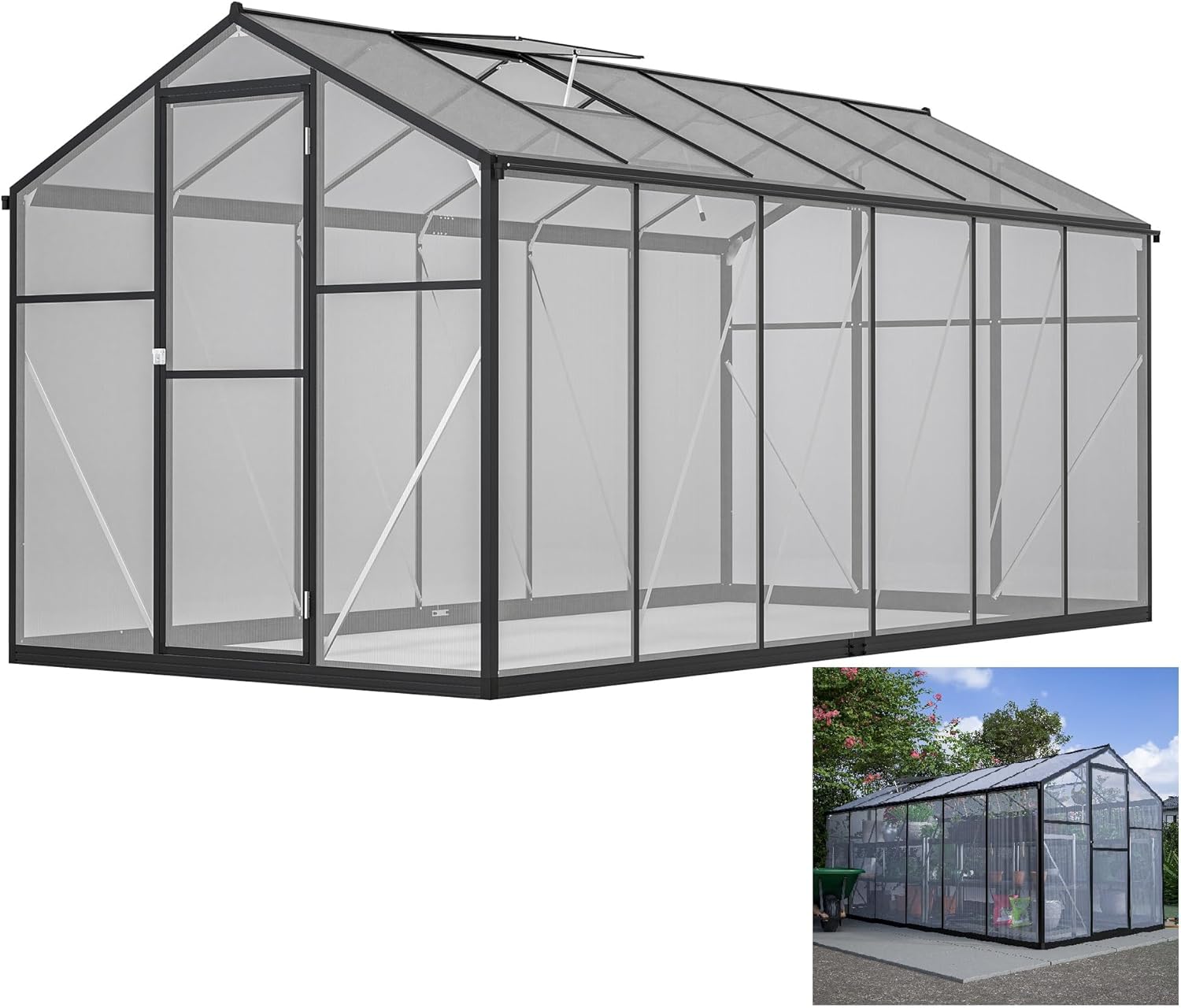 6x12 FT Large Walk-in Greenhouse, Thickened Polycarbonate Panels with Aluminum Frame, Double Swing Door, Rain Gutter & Ventilation Window for Garden Backyard