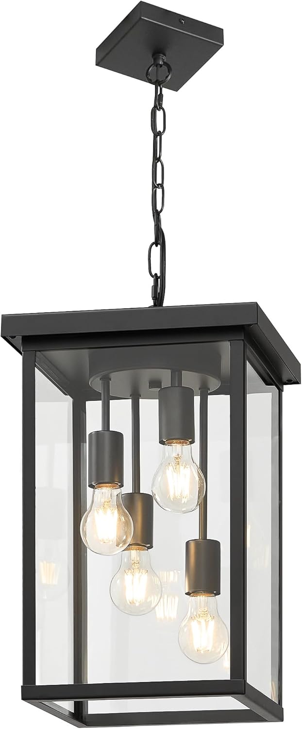 LOUSACE 16.7'' Black Outdoor Pendant Light 4-Light Large Outside Pendant Porch Lights Ceiling Haninging Outdoor Chandelier with Clear Glass Exterior Light Fixtures Lantern for Front Door Foyer Doorway