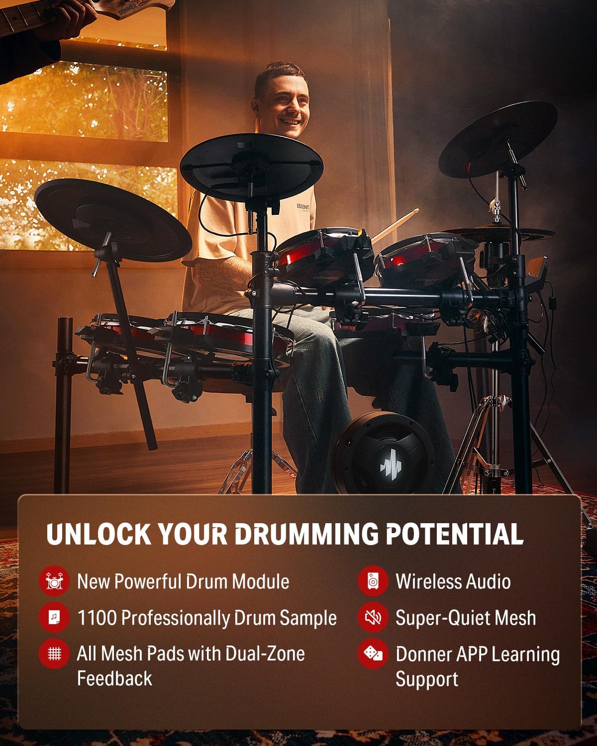 Donner Electric Drum Amp 200W, Peak Power 1000-Watt Wireless Professional & Donner Electric Drum Set, DED-300 Pro Electronic Drum Kit Quiet with Triple Zone Ride