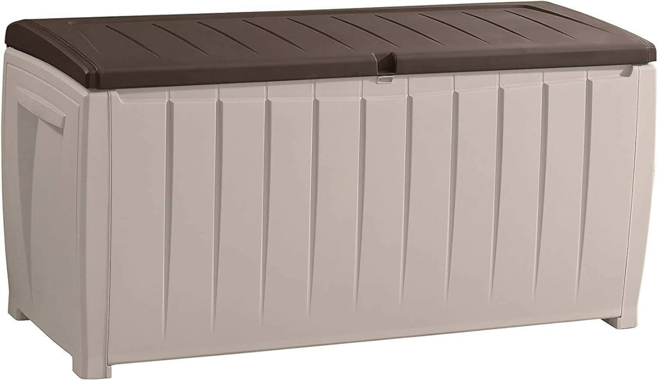 UNB Storage Deck Box Outdoor Container Bin Chest Patio 90 Gallon Bench Seat, Beige & Brown,by Azaleahome